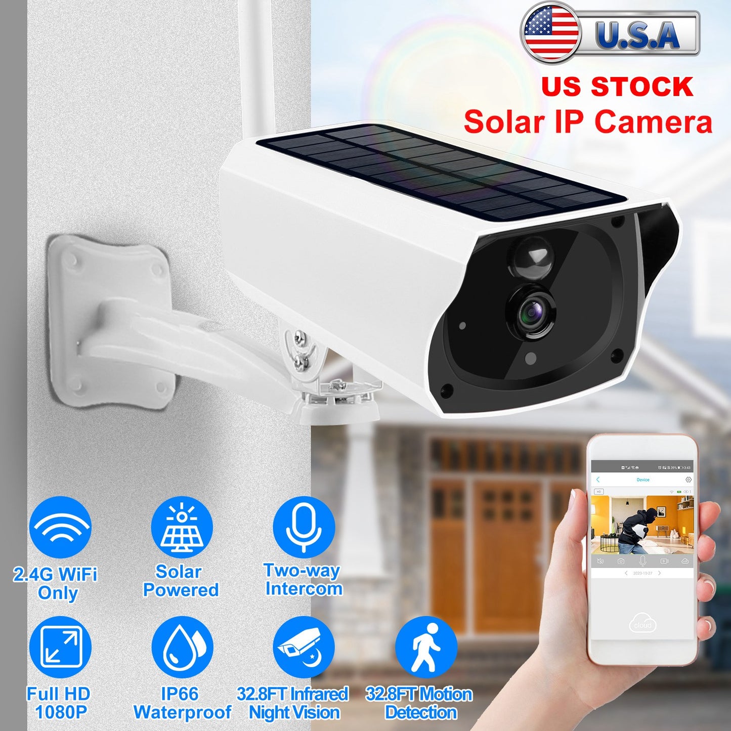 LJGelectro - 1080P Solar Powered WiFi IP Camera Two-Way Intercom Security Surveillance Camera IP66 Waterproof Motion Sensor Night Vision Network Camcorder APP Cont