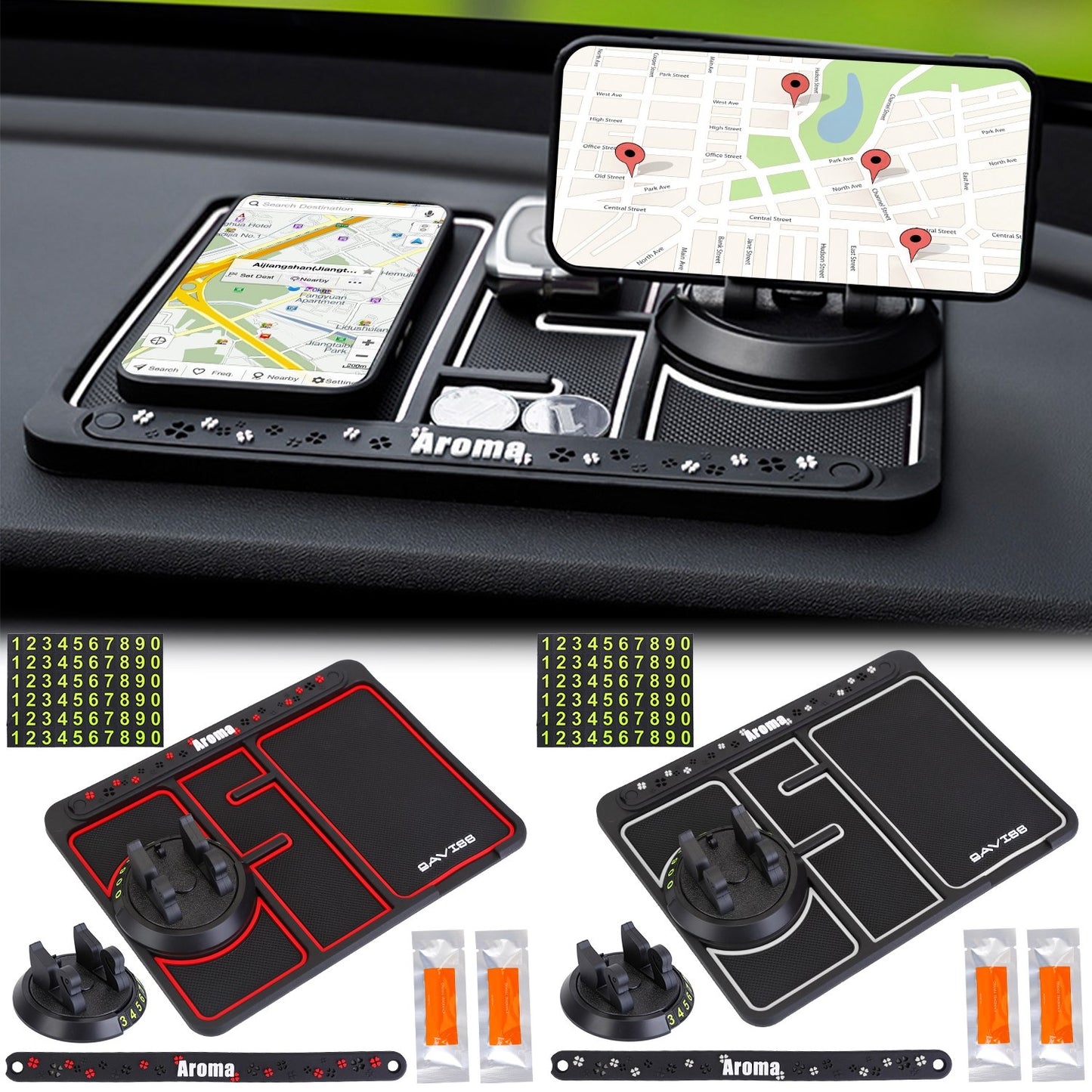 LJGelectro - Non-slip Car Phone Mat 4 In1 Dashboard 360° Rotatable Phone Holder Pad with Aroma Parking Number Plate Glow In Dark