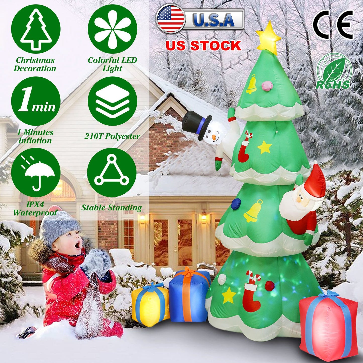 LJGelectro - 6.89FT Christmas Inflatable Outdoor Decoration with Christmas Tree Gift Box Santa Claus Blow Up Yard Decoration with LED Light Built-in Air Blower for