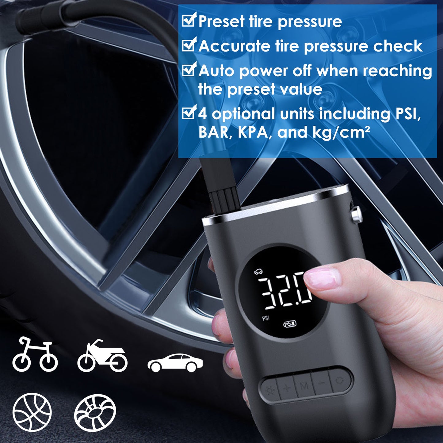 LJGelectro - Car Tire Inflator Pump Portable Car Air Compressor Wireless Electric Air Pump 150 PSI with LED Light