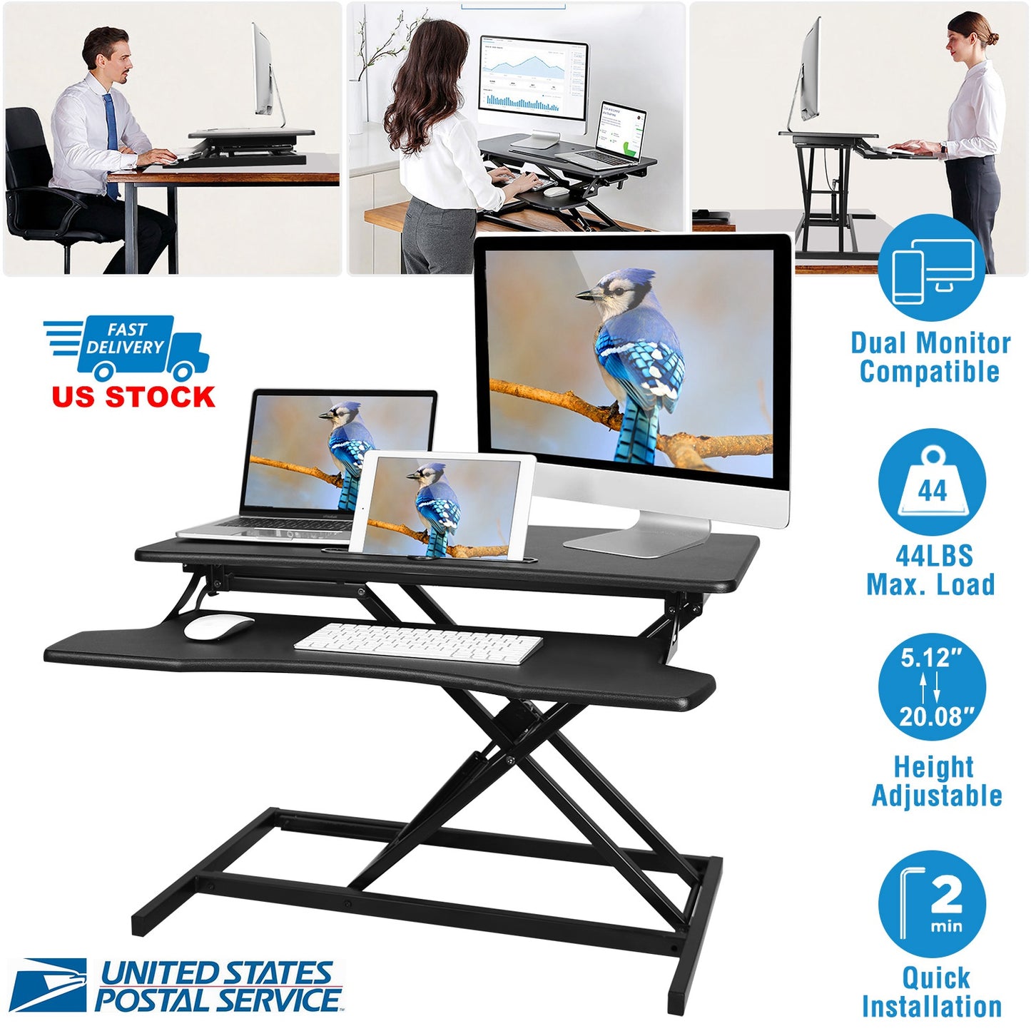 LJGelectro - Height Adjustable Standing Desk Converter Workstation Sit Stand Dual Monitor Laptop Desk Riser Tabletop