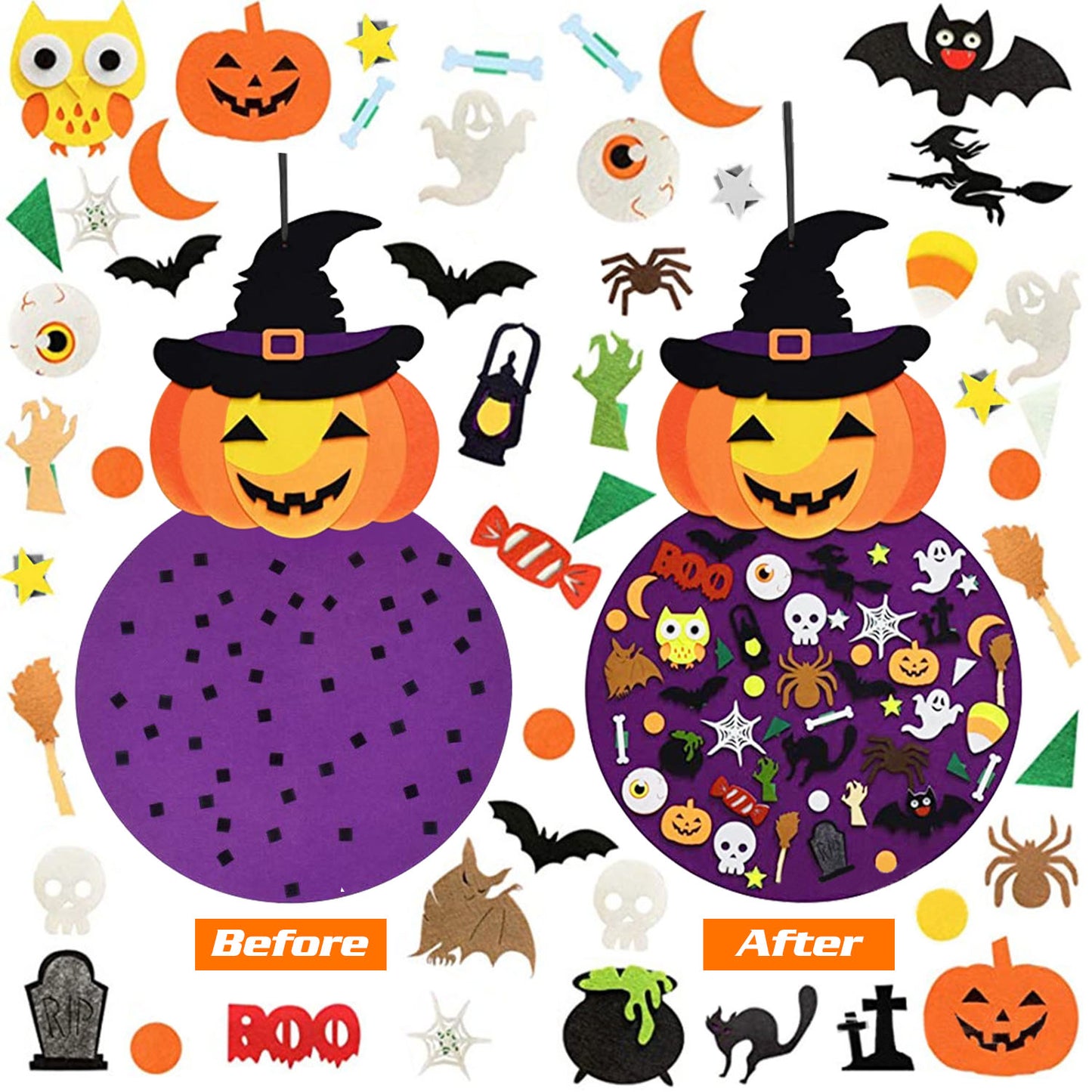 LJGelectro - 2.8FT Halloween Felt Pumpkin Witch 51Pcs Felt Pumpkin Witch Hanging Decor Ornaments Kits Halloween Gift for Toddlers