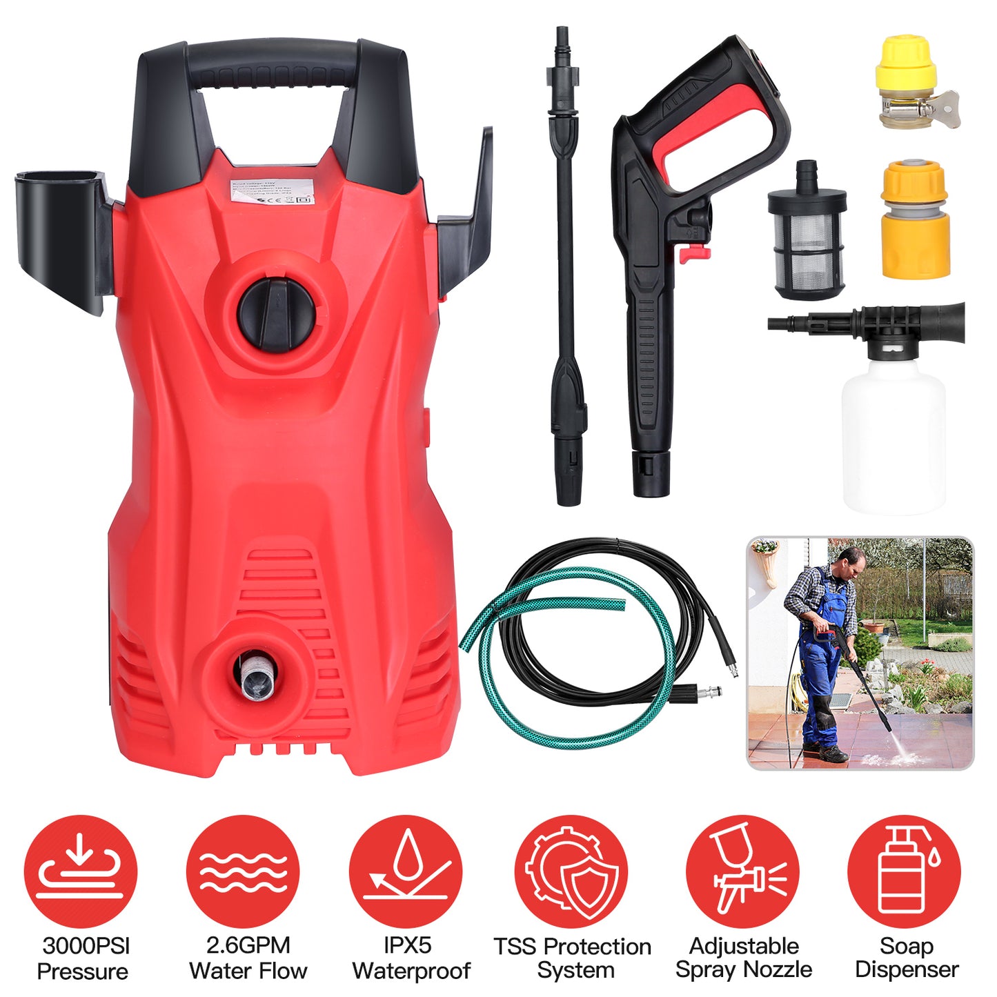 LJGelectro - Electric High Pressure Washer 3000PSI Max 2.6GPM Powerful Car Washer Pressure Cleaner with Adjustable Spray Nozzle Soap Dispenser IPX5 Waterproof for