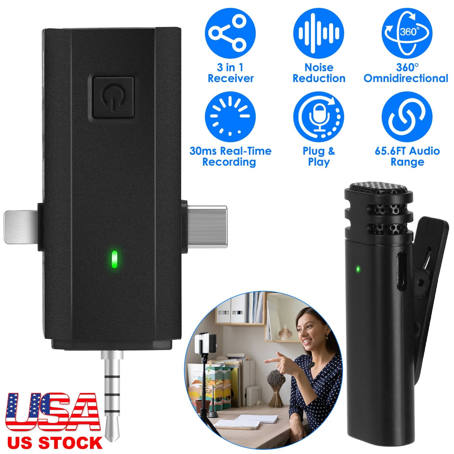 LJGelectro - 1Pc 3 in 1 Wireless Clip On Microphone Omnidirectional Mic Noise Reduction Plug and Play 65.6FT Transmission Type-C IOS PC Video Record Interview Vlog