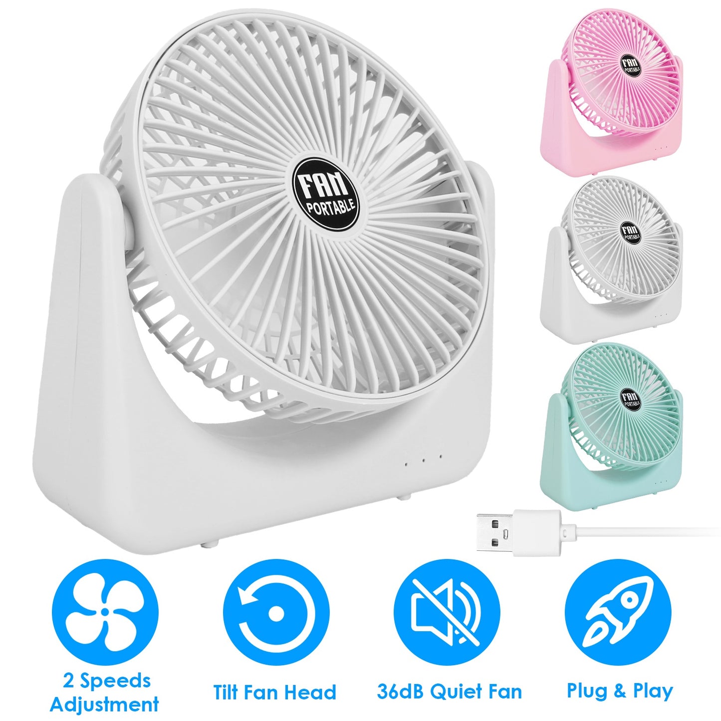 LJGelectro - 6.5in Desk Fan USB Powered 2 Speeds Table Cooling Fan Tilt Quiet Desktop Fan for Bedroom Office