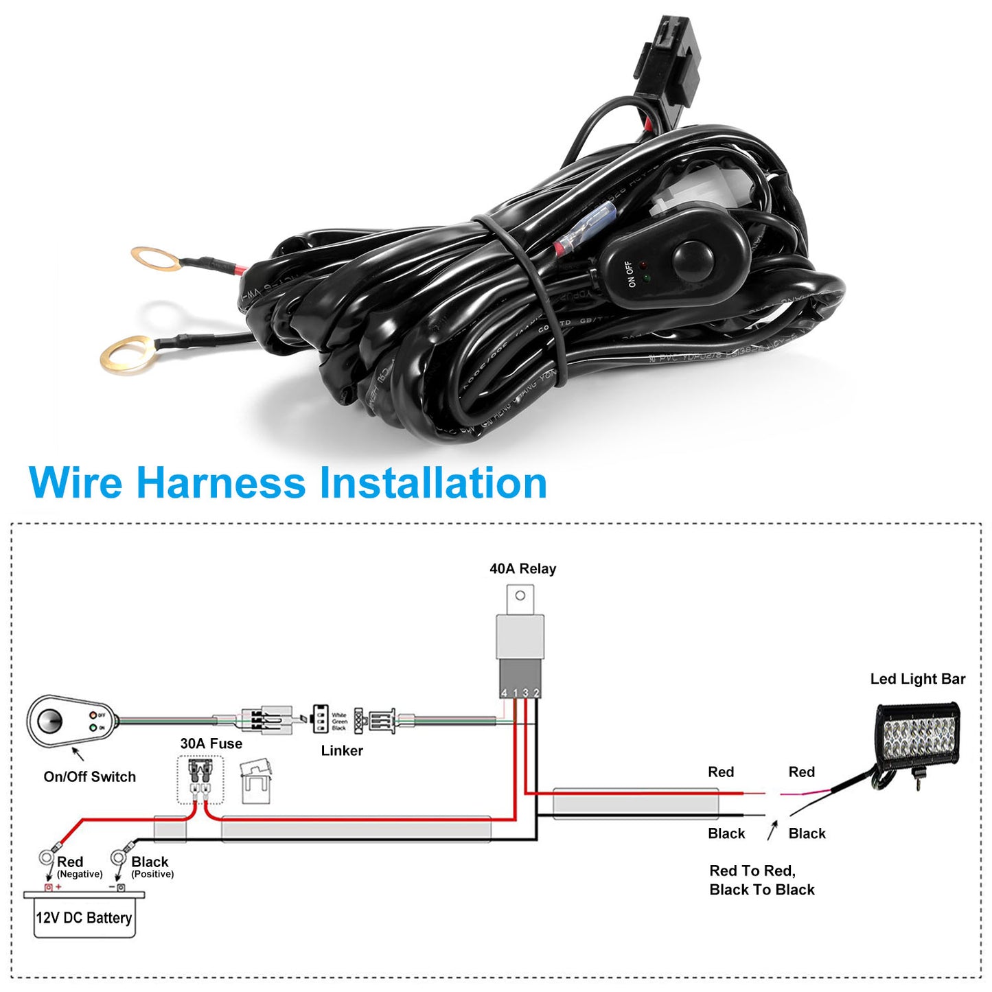 LJGelectro - LED Light Bar Wiring Harness Kit 280W 12V 40A Power Relay Fuse On/Off Switch 10ft Length Universal Fitment Light Bar Accessories