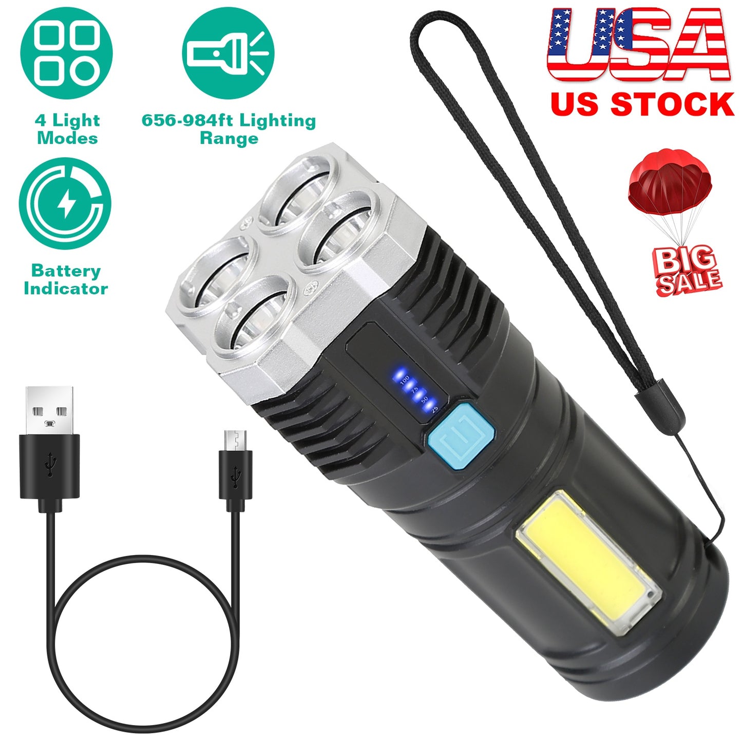 LJGelectro - Rechargeable Flashlight LED Floodlight Torch w/Strap Super Bright Flashlight w/4 Light Modes for Emergency Camping