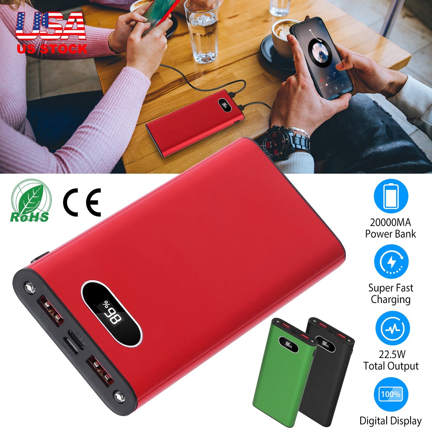 LJGelectro - 20000Mah Power Bank Portable Charger External Battery Pack 22.5W Super Fast Charging with LED Display Flashlight Fit for iPhone Samsung