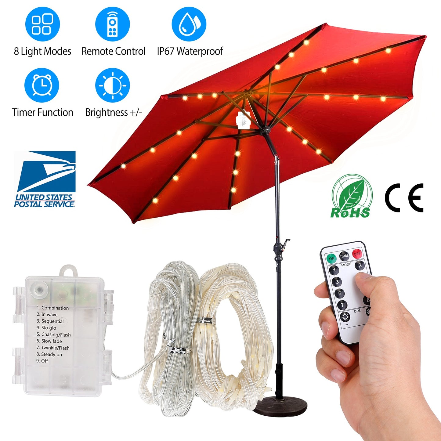 LJGelectro - Patio Umbrella Lights 8 Lighting Mode Waterproof Parasol Timer Lamps W/ Remote Controller 104 LED 8 Bundles Warm White for Patio Garden