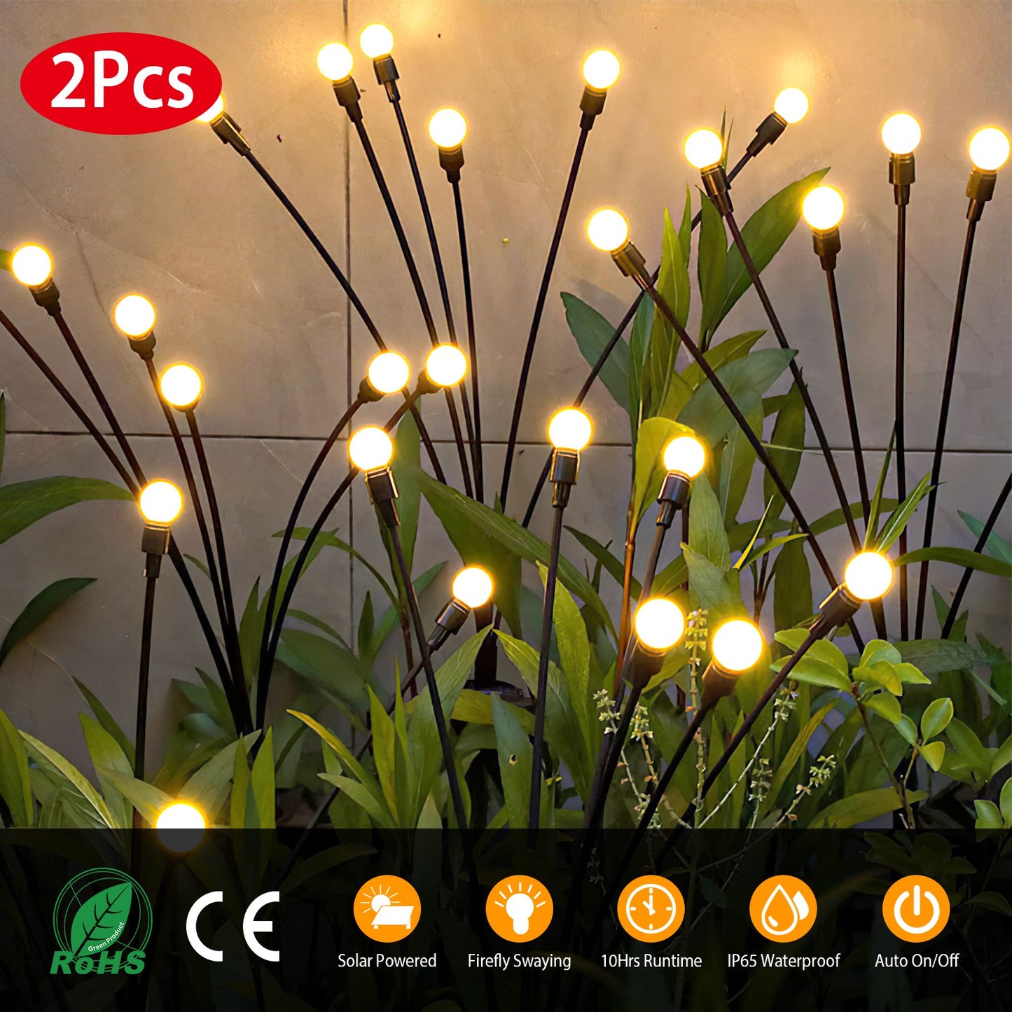 LJGelectro - 2Pcs Solar Firefly Lights Swaying Decorative Pathway Lamp IP65 Waterproof Landscape Patio Yard Night Light