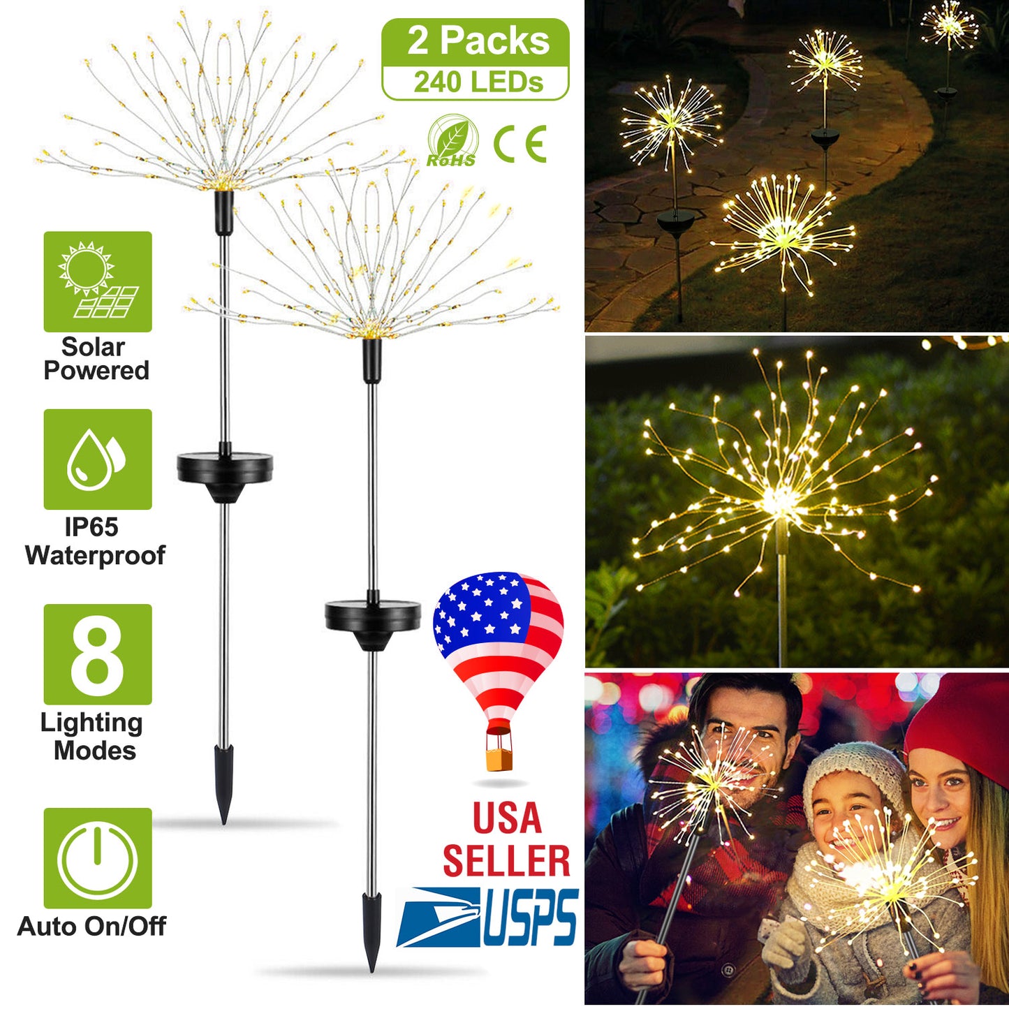 LJGelectro - 2Pcs Solar Powered Starburst Lights 240 LEDs Firework Lamp Garden Path Decor Lights