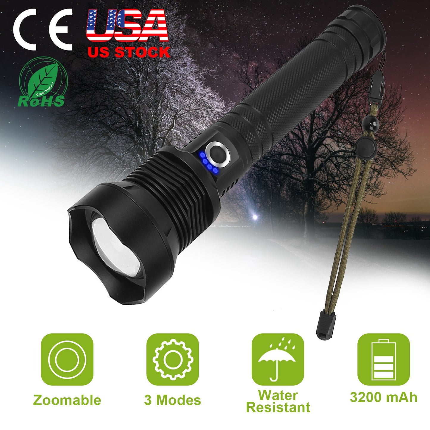 LJGelectro - LED Tactical Flashlights 30000LM USB Rechargeable Flashlight Water-Resistant Zoomable LED Torch w/ 3 Modes SOS 3200mAh Battery Handheld Flashlights fo