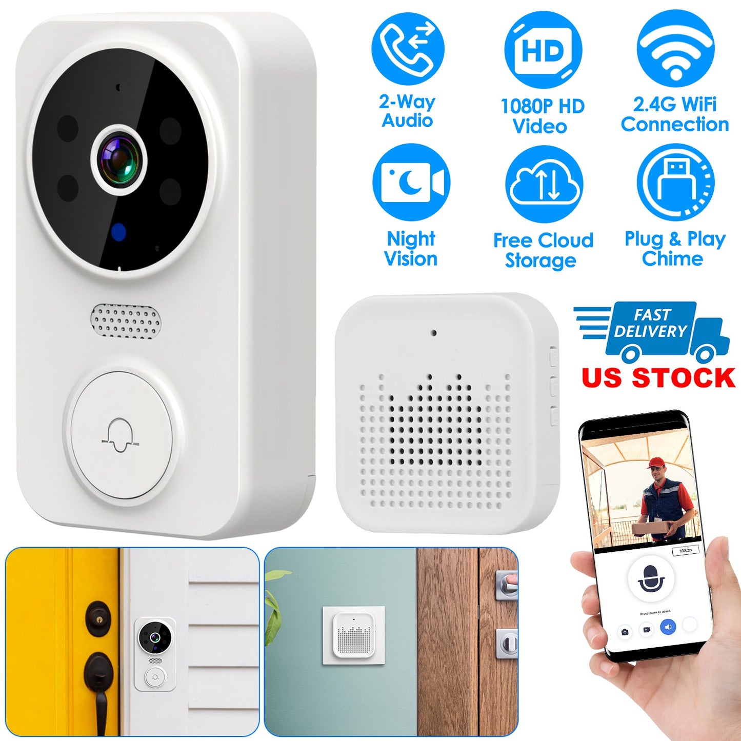 LJGelectro - WiFi Security Doorbell Camera with Volume Adjustable Wireless Chime 1080P Camera Night Vision 2-Way Audio Free Cloud Storage