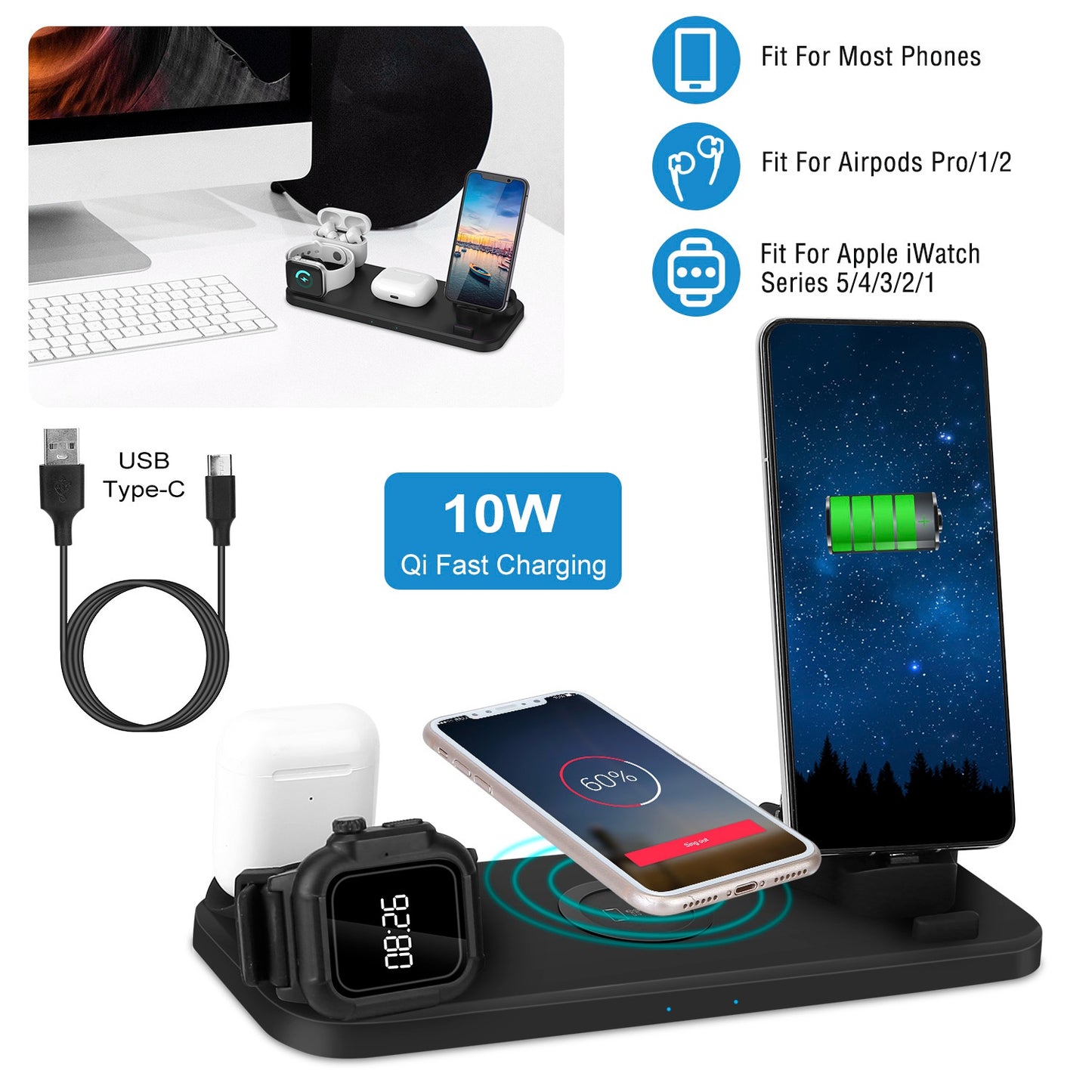 LJGelectro - 6 In 1 Qi Wireless Charger 10W Fast Charging Station Fit For iWatch 5/4/3/2/1 Airpods Pro/1/2 IOS phone Xs/MAX/XR/X/8/8Plus/11/Pro/11Pro max Galaxy No