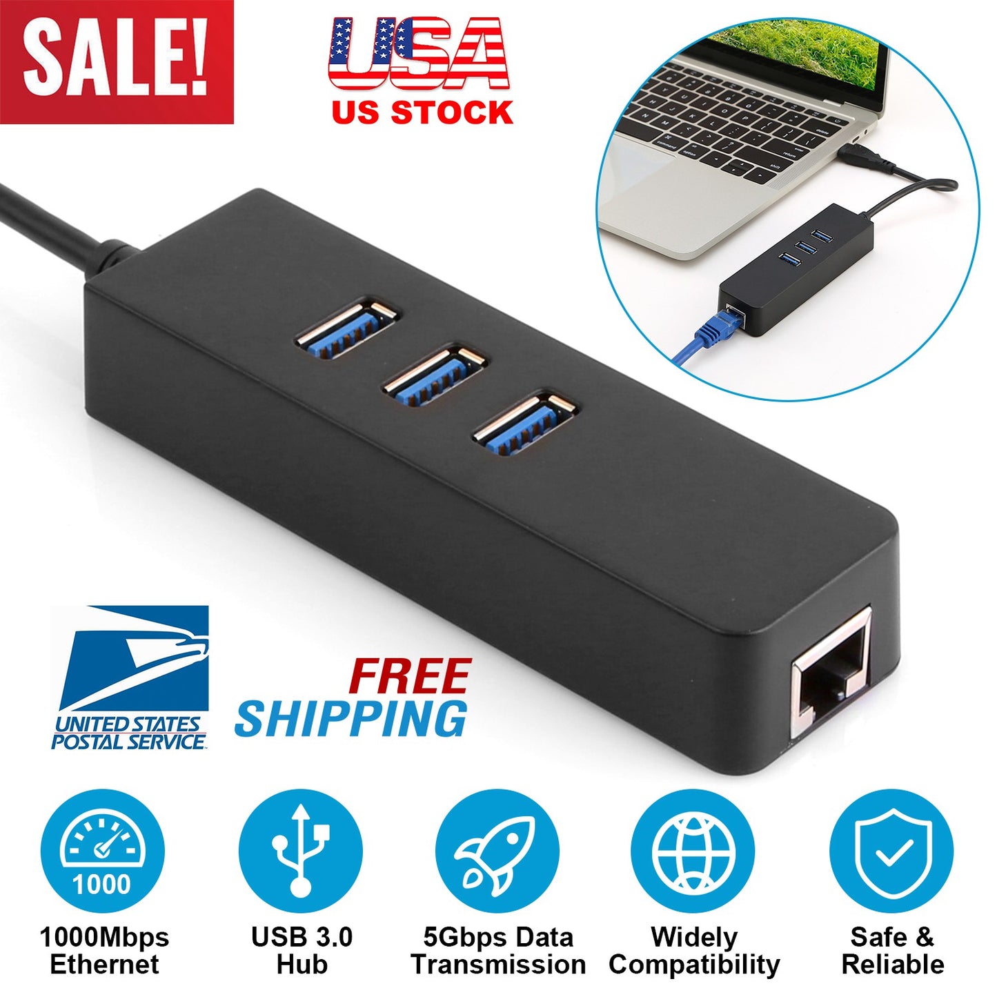 LJGelectro - 3 Ports USB 3.0 Hub Gigabit Ethernet Adapter 10/100/1000 Mbps Converter LAN RJ45 Wired USB Network Adapter