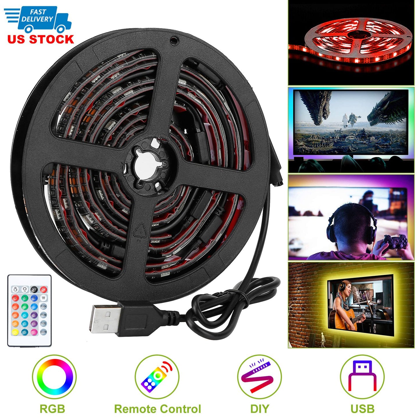 LJGelectro - TV LED Backlight Strip 6.56ft Waterproof RGB Strip Light USB Monitor Lighting Kit w/ Remote Controller 16 Colors For 40-60 in TV