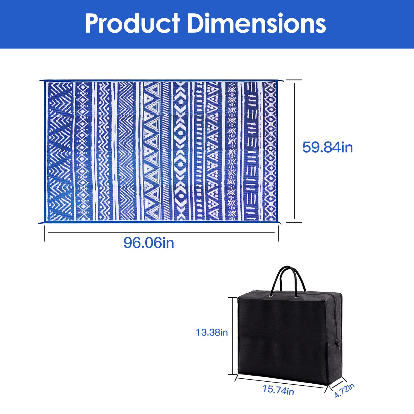 LJGelectro - 4.98x8FT Reversible Outdoor Rug Waterproof Mat with Storage Bag Portable Plastic Carpet Indoor Outdoor Activity for Picnic Patio Deck RV Trip Blue & W