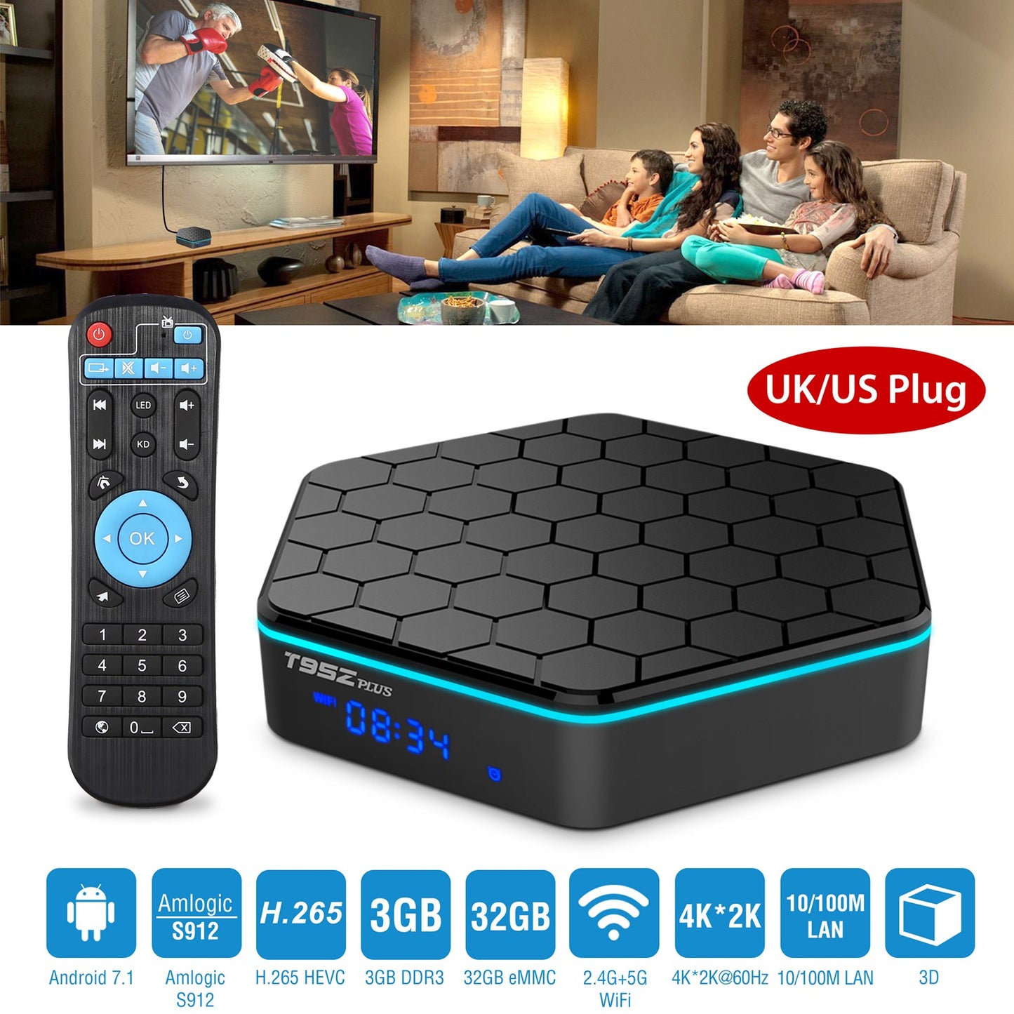 LJGelectro - Android 7.1 TV Box Amlogic S912 Octa Core 3GB / 32GB UHD 4K VP10 H.265 WiFi
 
 USB2.0 Smart Streaming Media Player US UK Plug