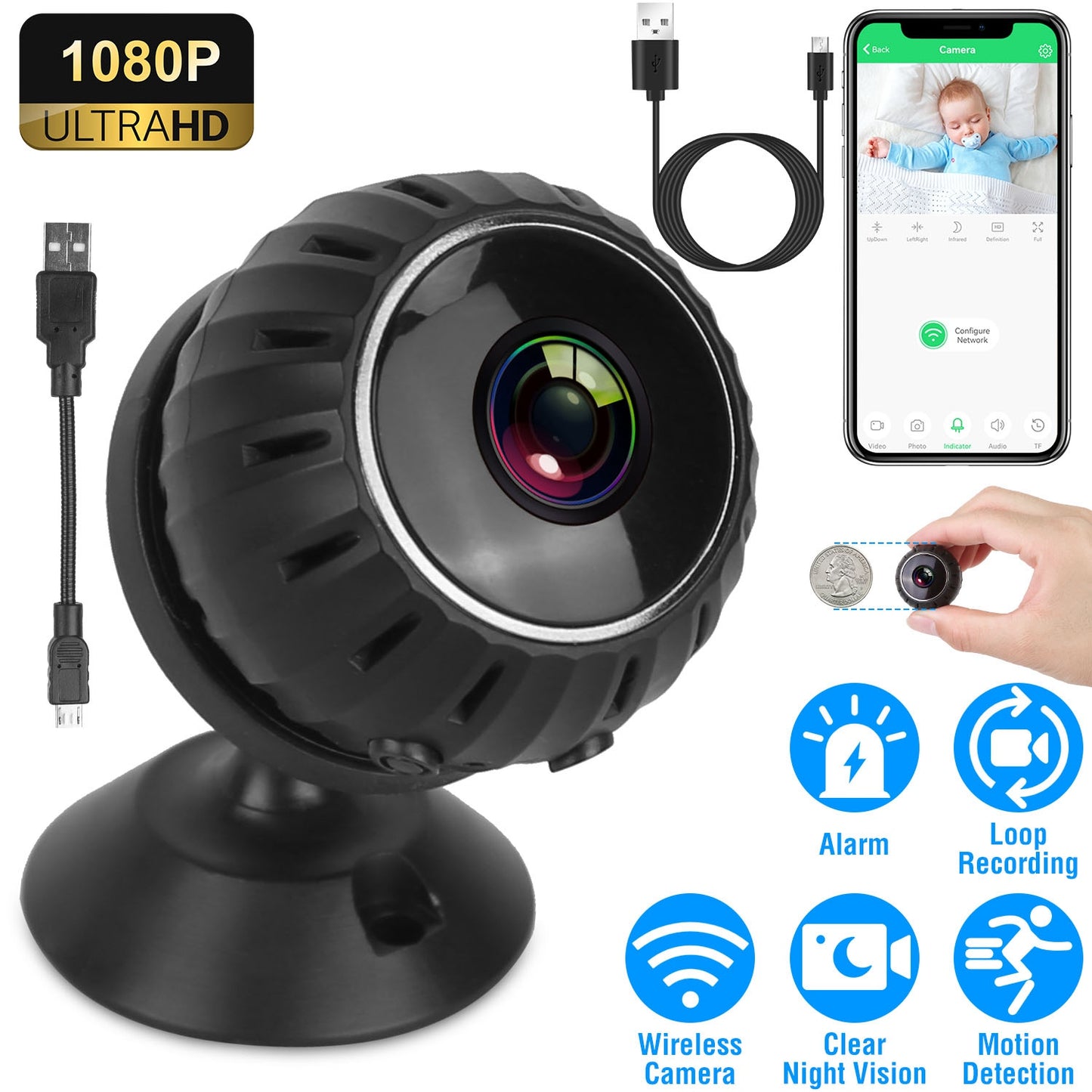 LJGelectro - Mini Wireless Camera Wifi IR Night Vision HD 1080p Home Security Camera for Home Indoor Office Baby Pet