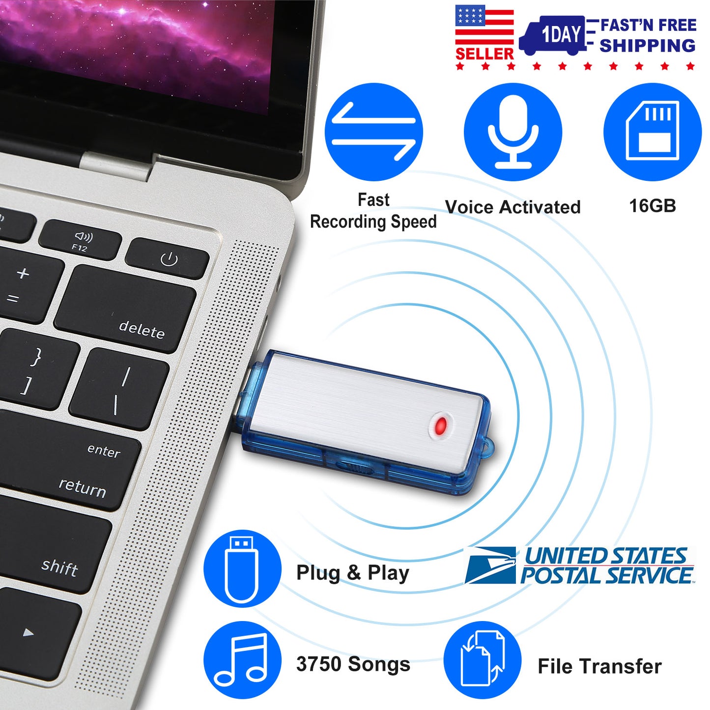 LJGelectro - Mini Voice Recorder 16GB Digital Sound Audio Activated Recorder USB Flash Drive Disk w/ 192Hrs Recording U Disk Recorder For Meeting Lectures