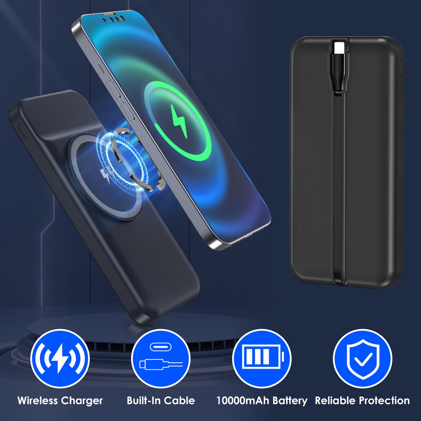 LJGelectro - 10000mAh 22.5W Magnetic Wireless Power Bank PD Fast Charging Portable Charger with Built-in Type-C Cables 15W Wireless Charging