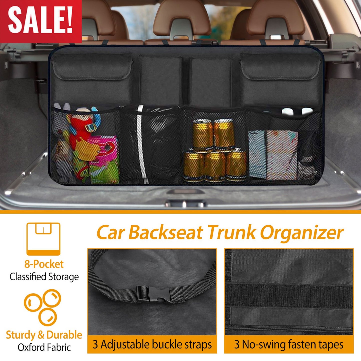 LJGelectro - Car Backseat Trunk Organizer Auto Hanging Back Seat Storage Bag Pocket Adjustable Strap