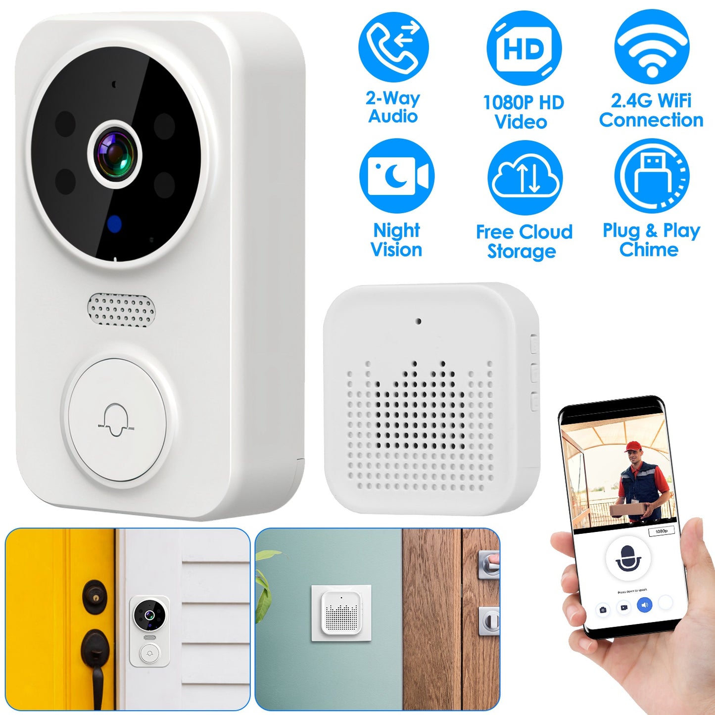 LJGelectro - WiFi Security Doorbell Camera with Volume Adjustable Wireless Chime 1080P Camera Night Vision 2-Way Audio Free Cloud Storage