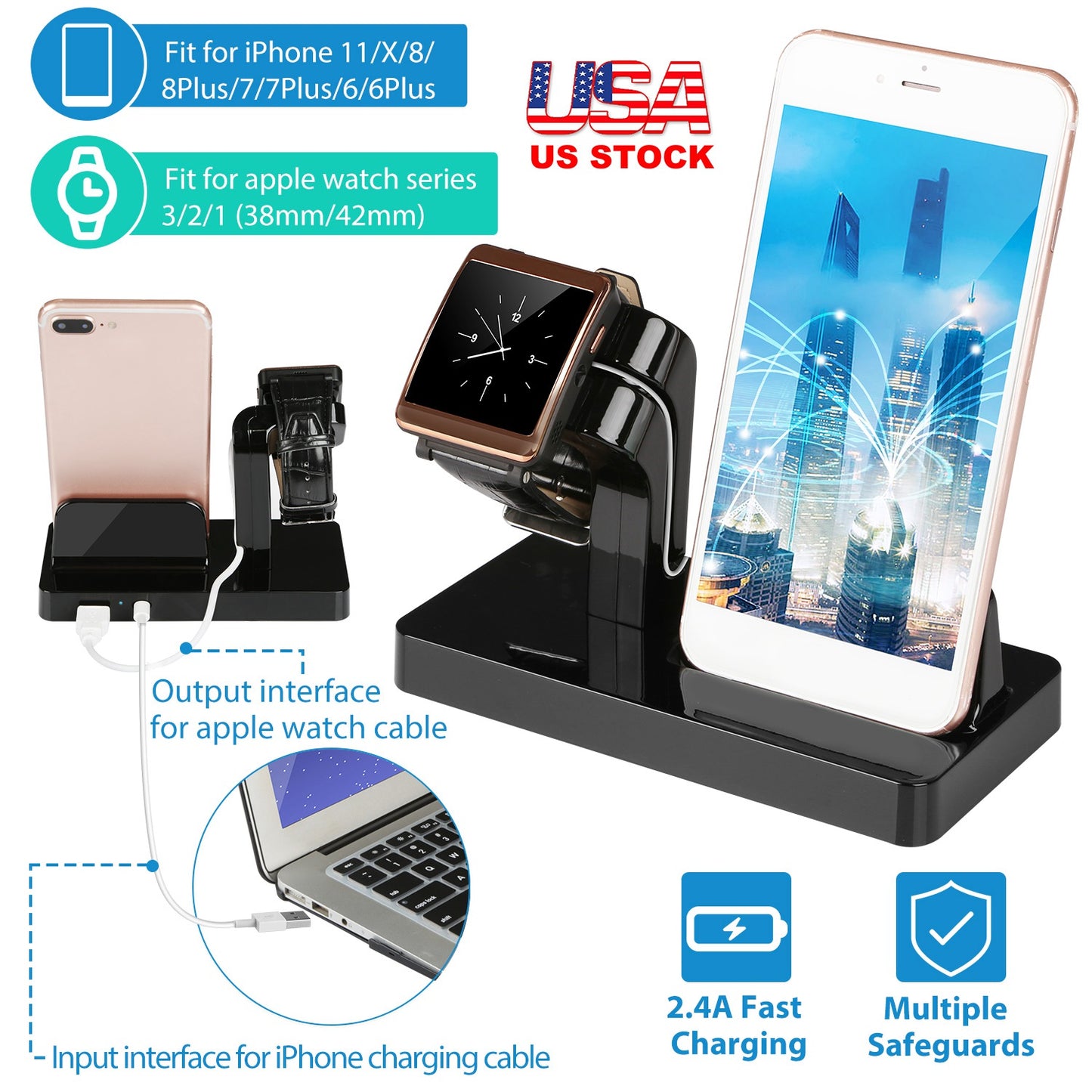 LJGelectro - Charging Stand Dock Station Charger Holder for Apple Watch Series iPhone 11/X/8/8Plus/7