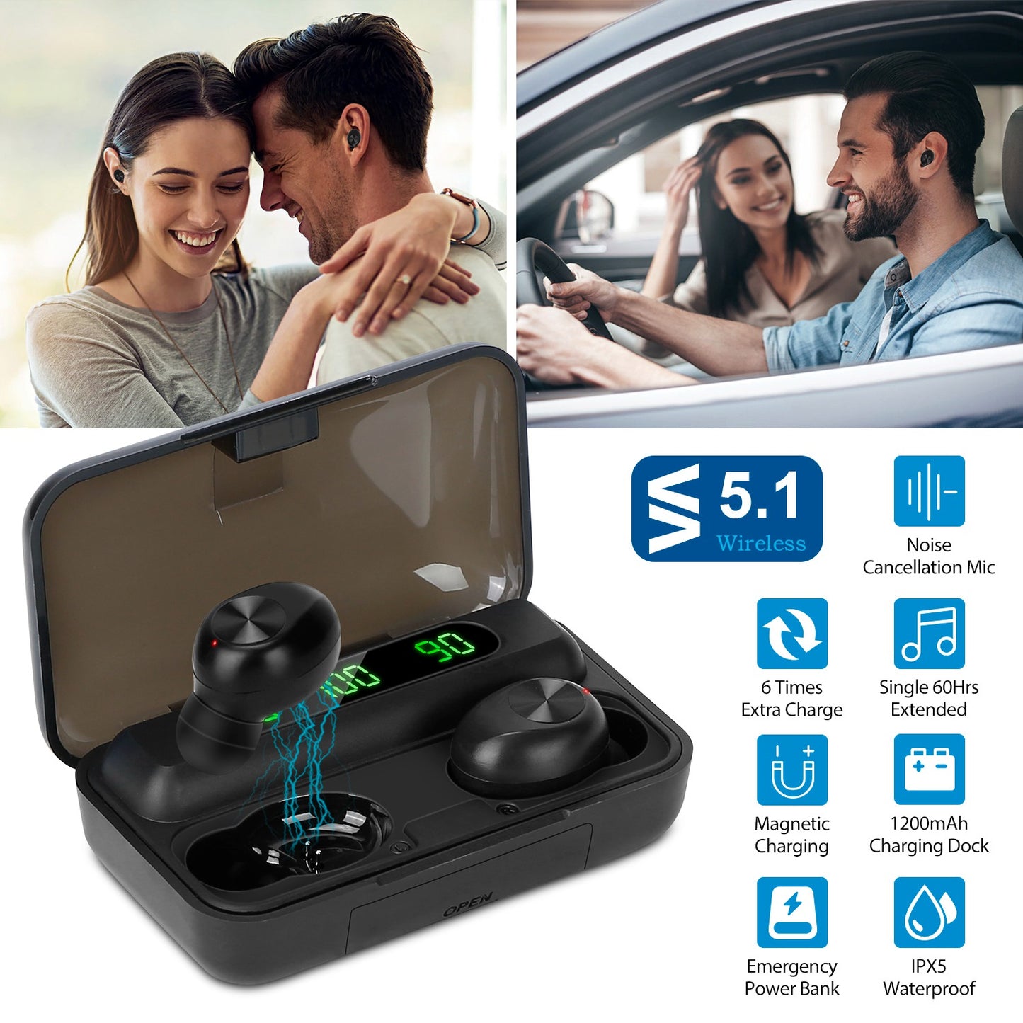 LJGelectro - Wireless 5.1 TWS Earbuds In-Ear Stereo Headset Noise Canceling Earphone w/Mic Magnetic Charging Dock For Driving Working Travelling