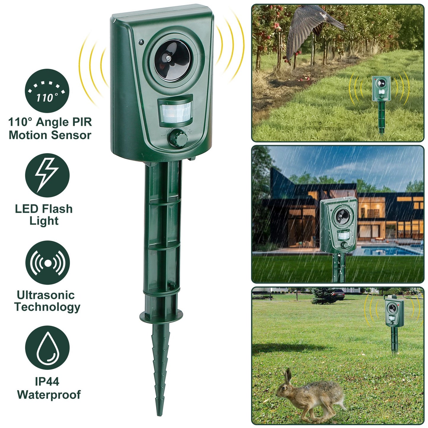 LJGelectro - Ultrasonic Animal Repeller IP44 Waterproof Motion Sensor Repellent Outdoor Animal Deterrent w/ Flashing LED Light For Farm Garden Yard Repelling Deer