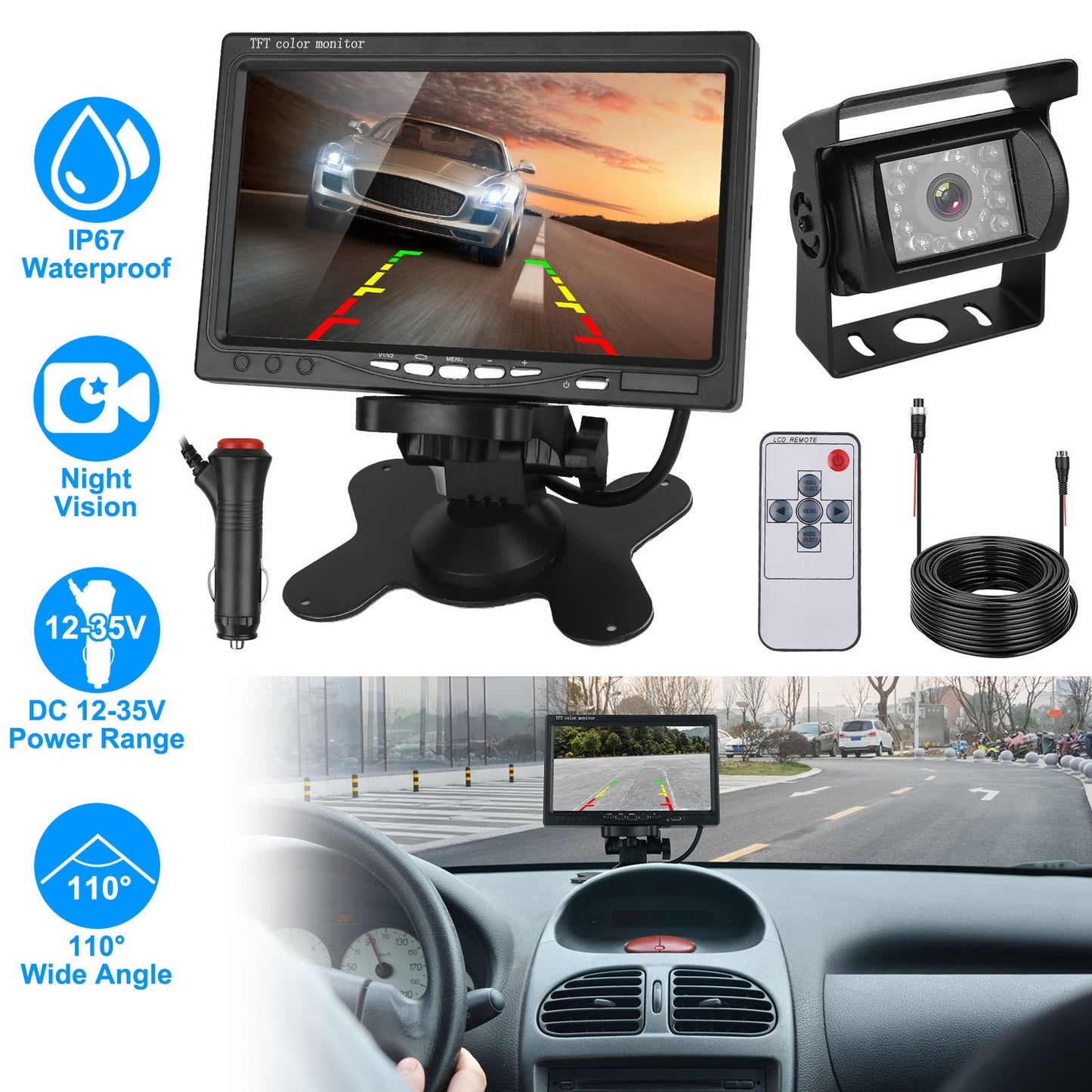 LJGelectro - Wireless Backup Camera System Vehicle Rear View Monitor Kit IP67 Waterproof Car Parking Reverse System with 7In Screen Night Vision 2.4G Stable Signal