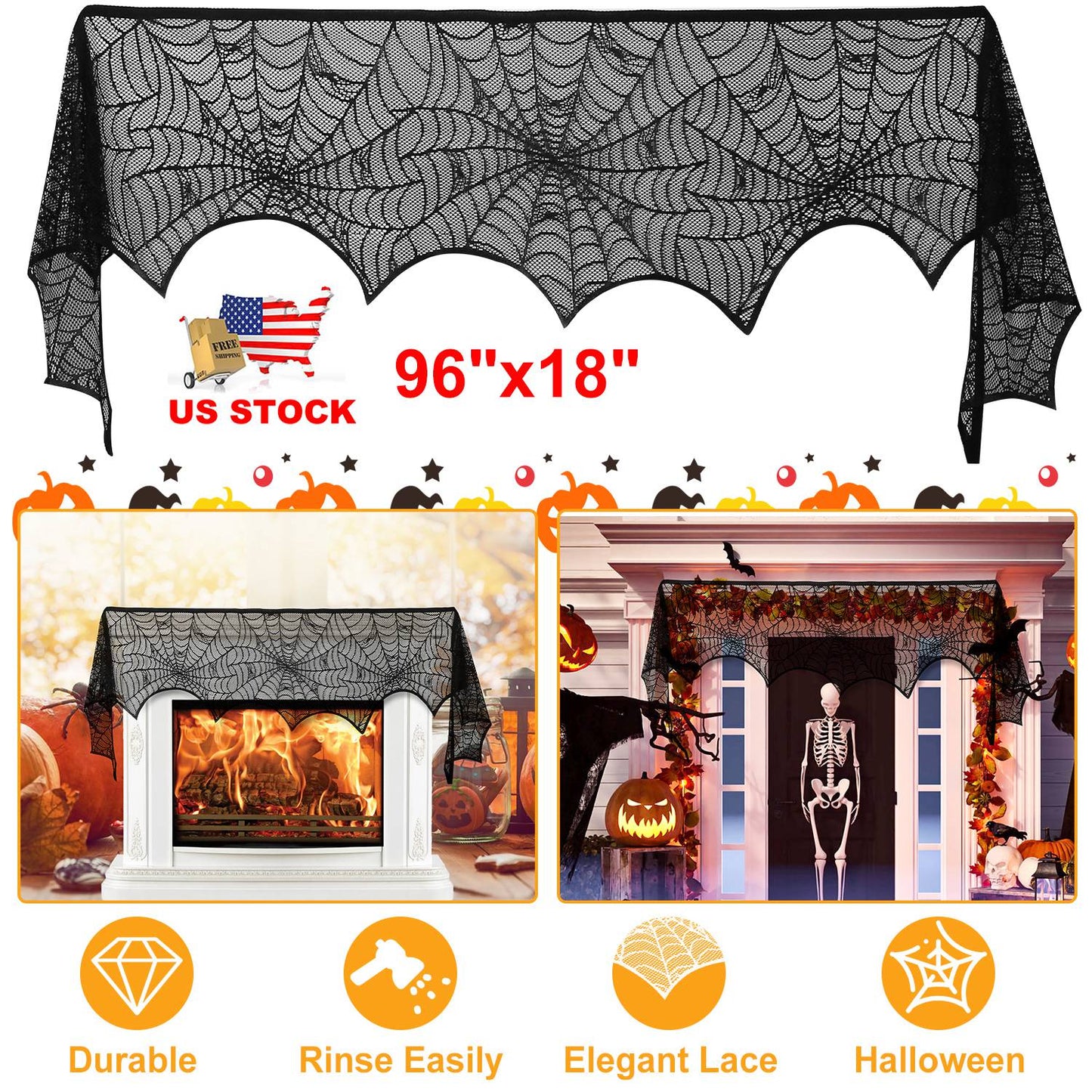 LJGelectro - Halloween Decoration Black Lace Spiderweb Fireplace Mantle Scarf Cover Festive Party Supplies Fireplace Scarf 96 x 18 inch for Halloween Christmas Par