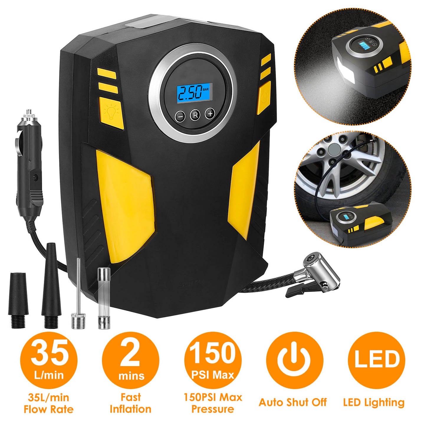 LJGelectro - Portable Car Tire Inflator DC 12V Digital Car Air Pump Compressor Electric Air Pump w/LED Light 150PSI