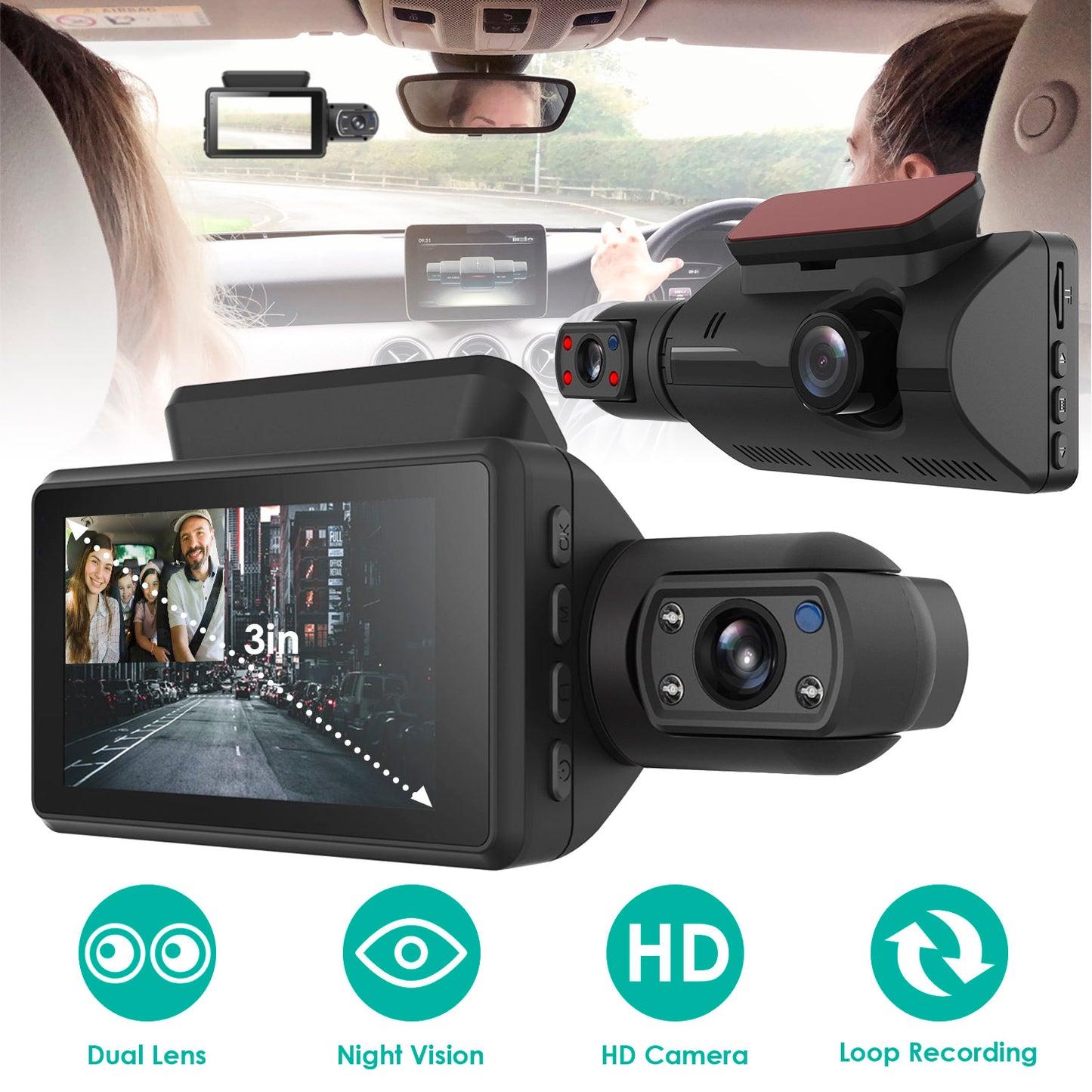 LJGelectro - Dual Lens Car DVR Dash Cam Video Recorder 720P Front Inside Camera Loop Recording Night Vision Driving Vehicle Recorder