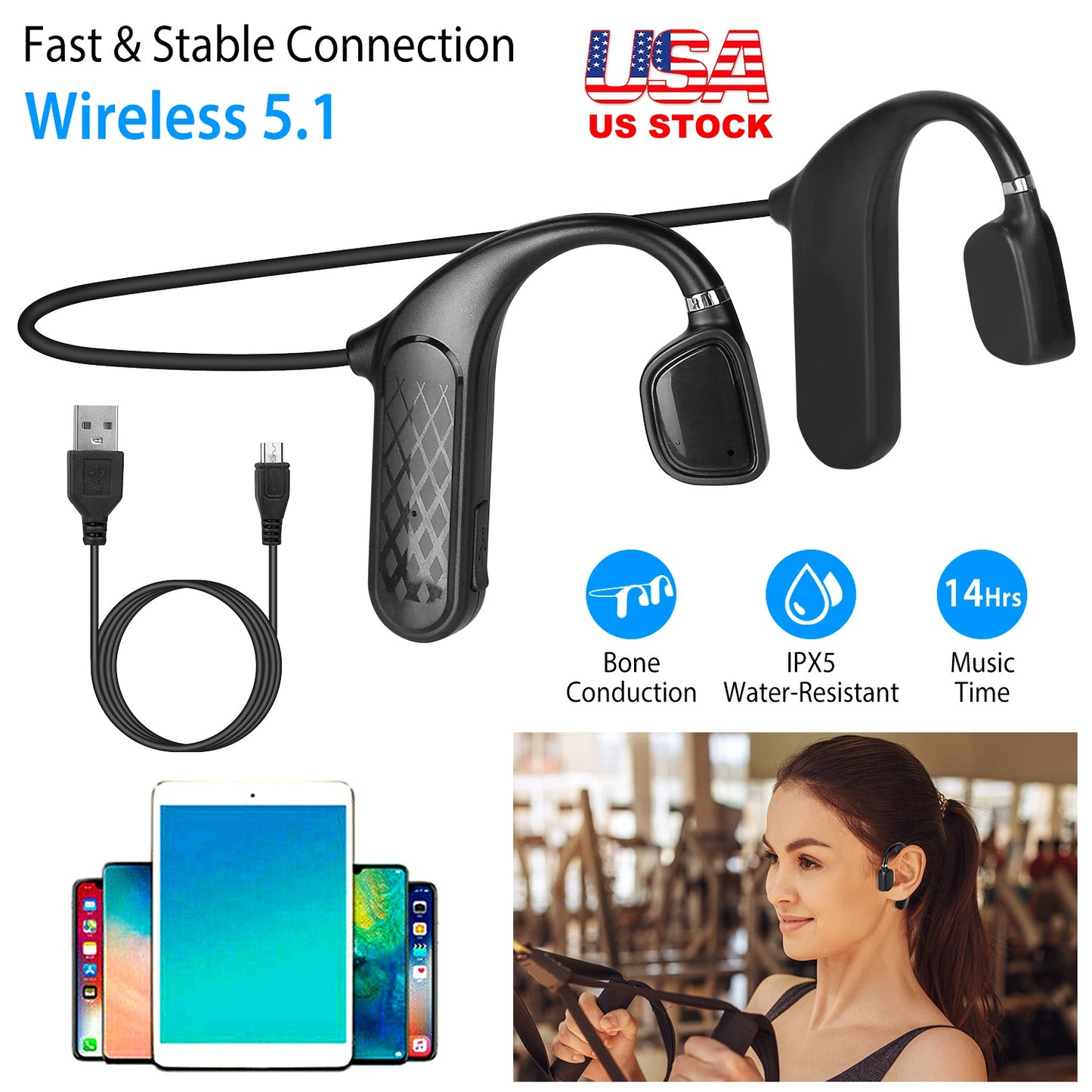 LJGelectro - Wireless V5.1 Bone Conduction Earphones Open-Ear Wireless Headsets Music Sport Wireless Open Hook Earphone w/ Sensitive Mic For Business Driving