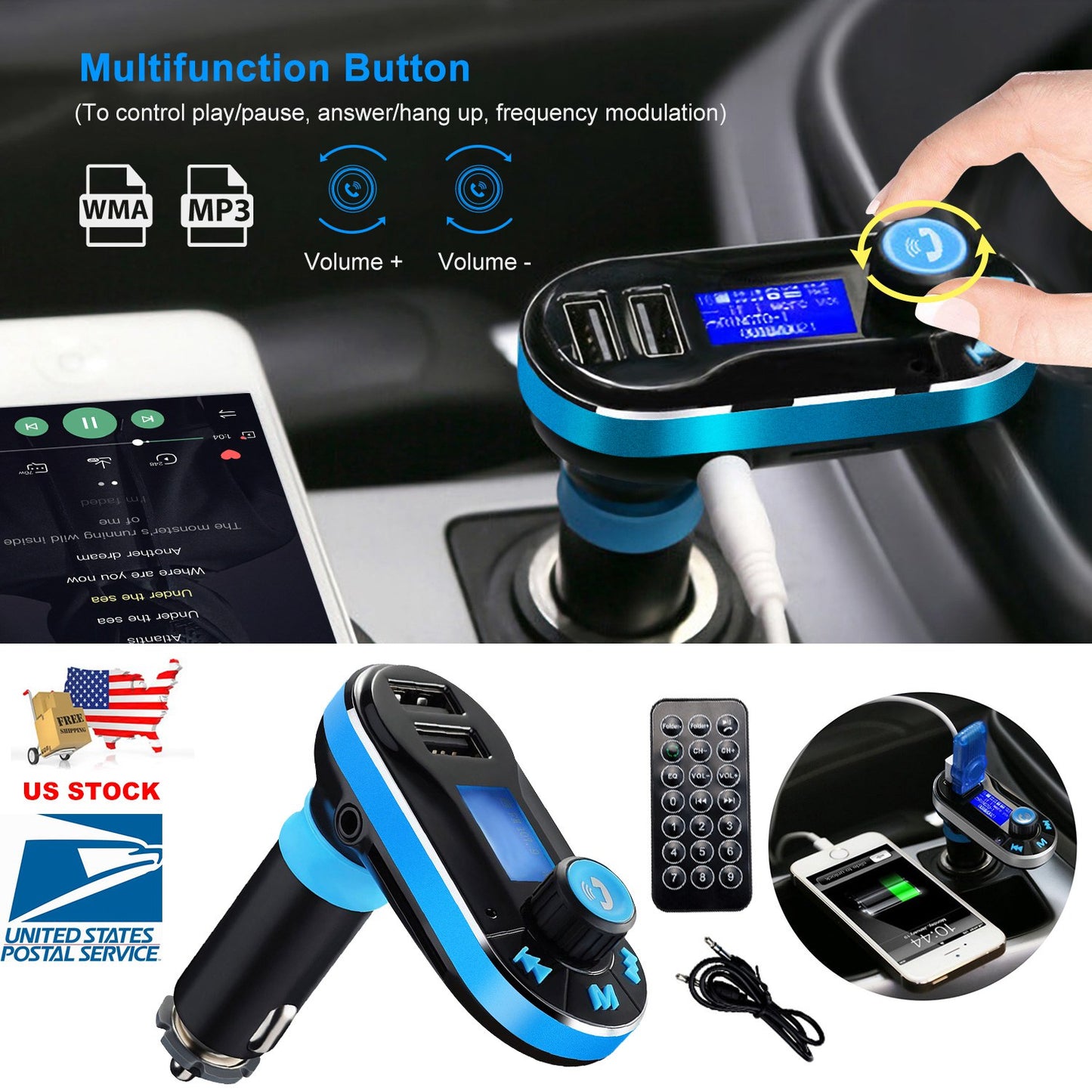 LJGelectro - Car Wireless FM Transmitter Dual USB Charger Hands-free Call MP3 Player Aux-in LED Display Remote Controller