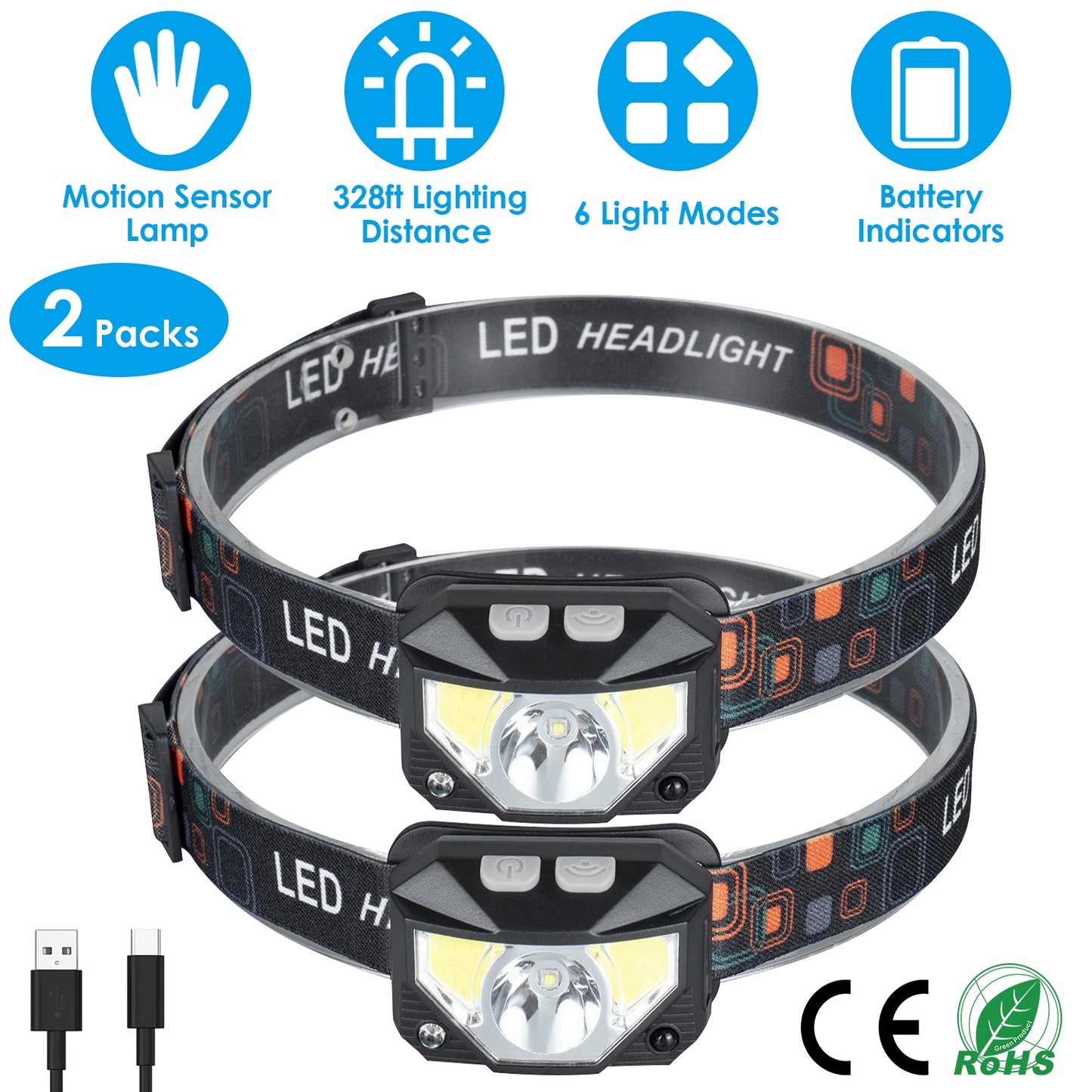 LJGelectro - 2Packs Rechargeable Motion Sensor Headlamp 6 Light Modes Headlight Torch Flashlight for Fishing Running Camping Hiking