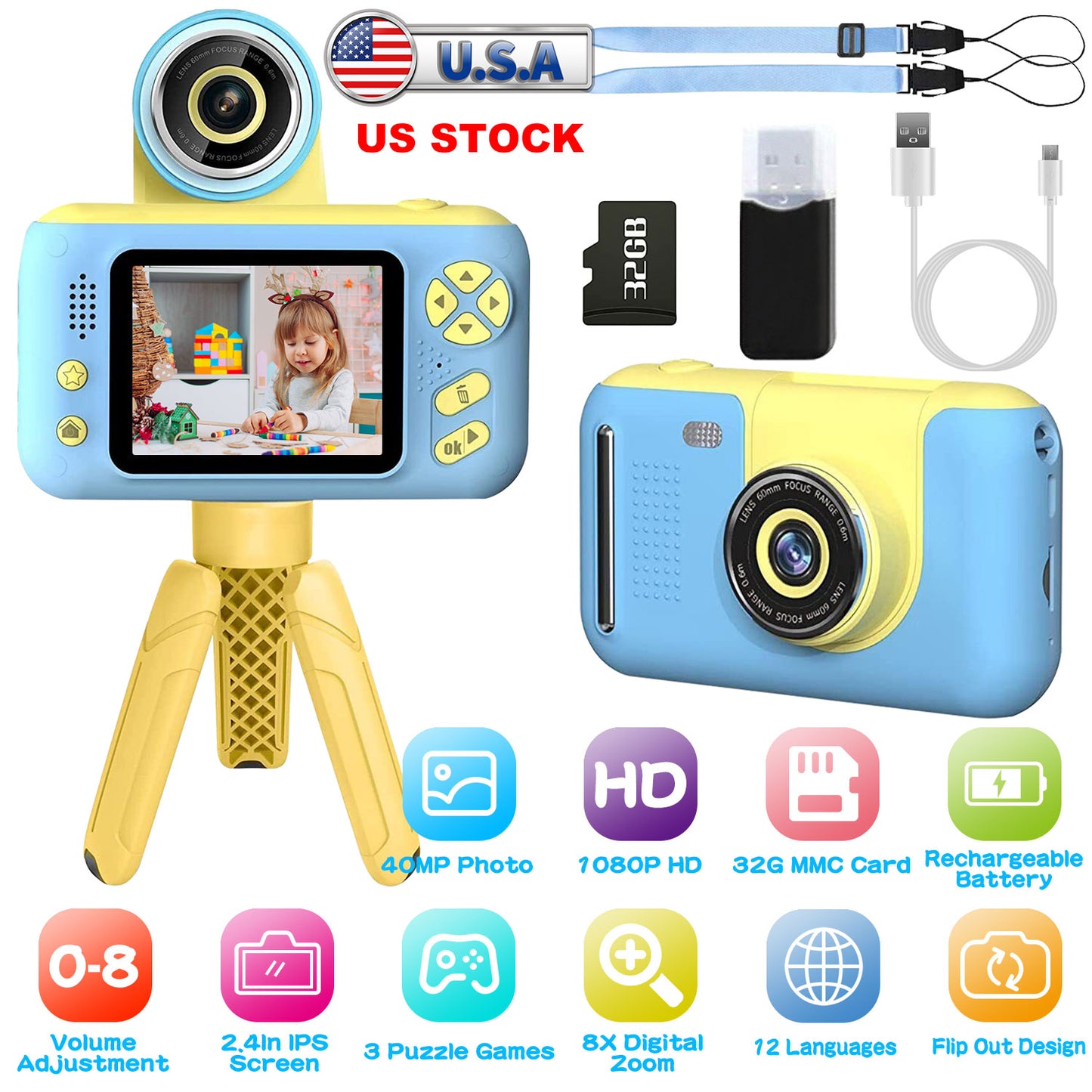 LJGelectro - Kids Digital Camera with Flip Lens Children Video Camcorder Christmas Toy Birthday Gifts with Tripod 2.4in Screen 32G MMC Card for 3-10 Year Old Boys