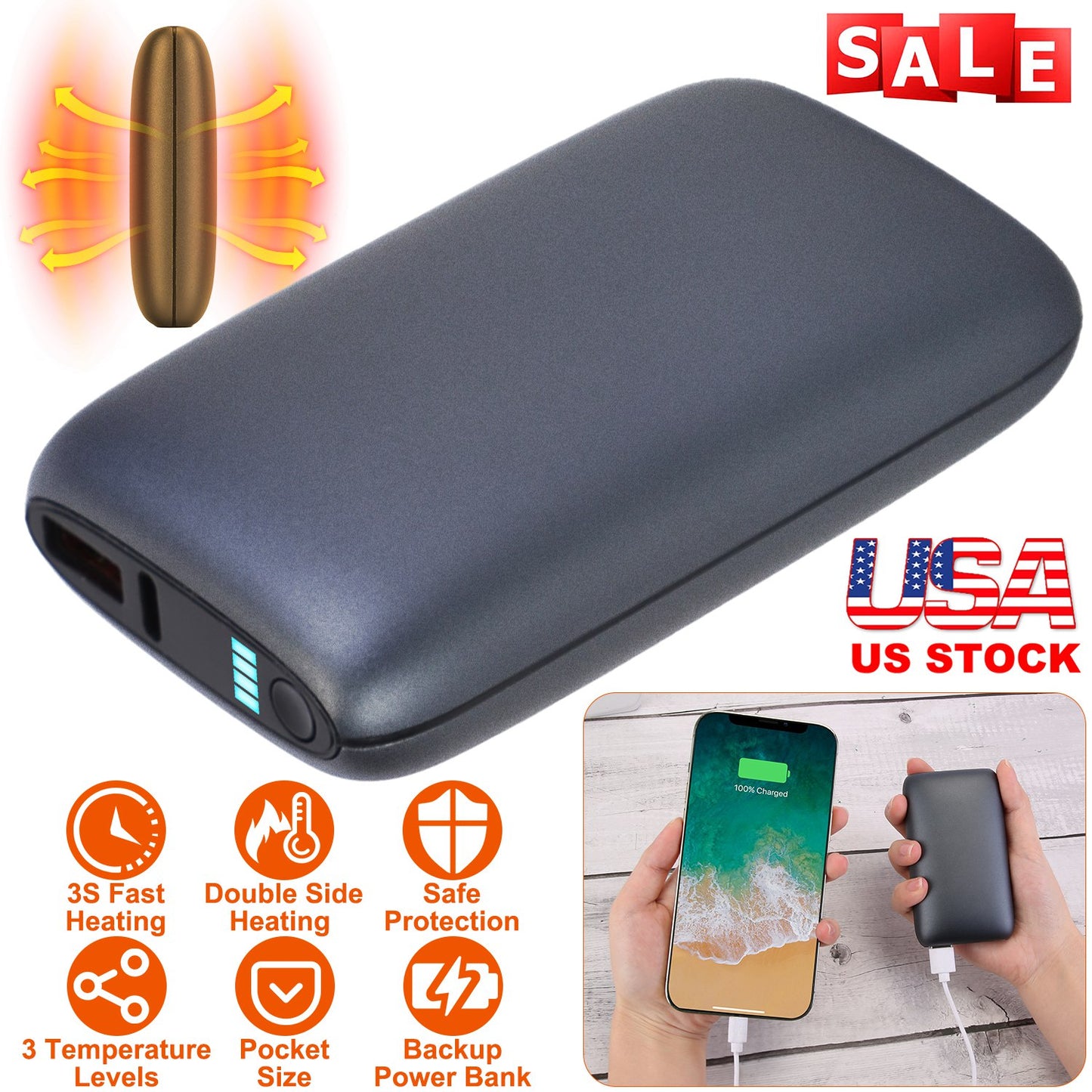 LJGelectro - Electric Double Sided Hand Warmer 10000mAh Battery Backup Power Bank Rechargeable Hand Heater with 3 Temperature Levels Portable Pocket Warmer