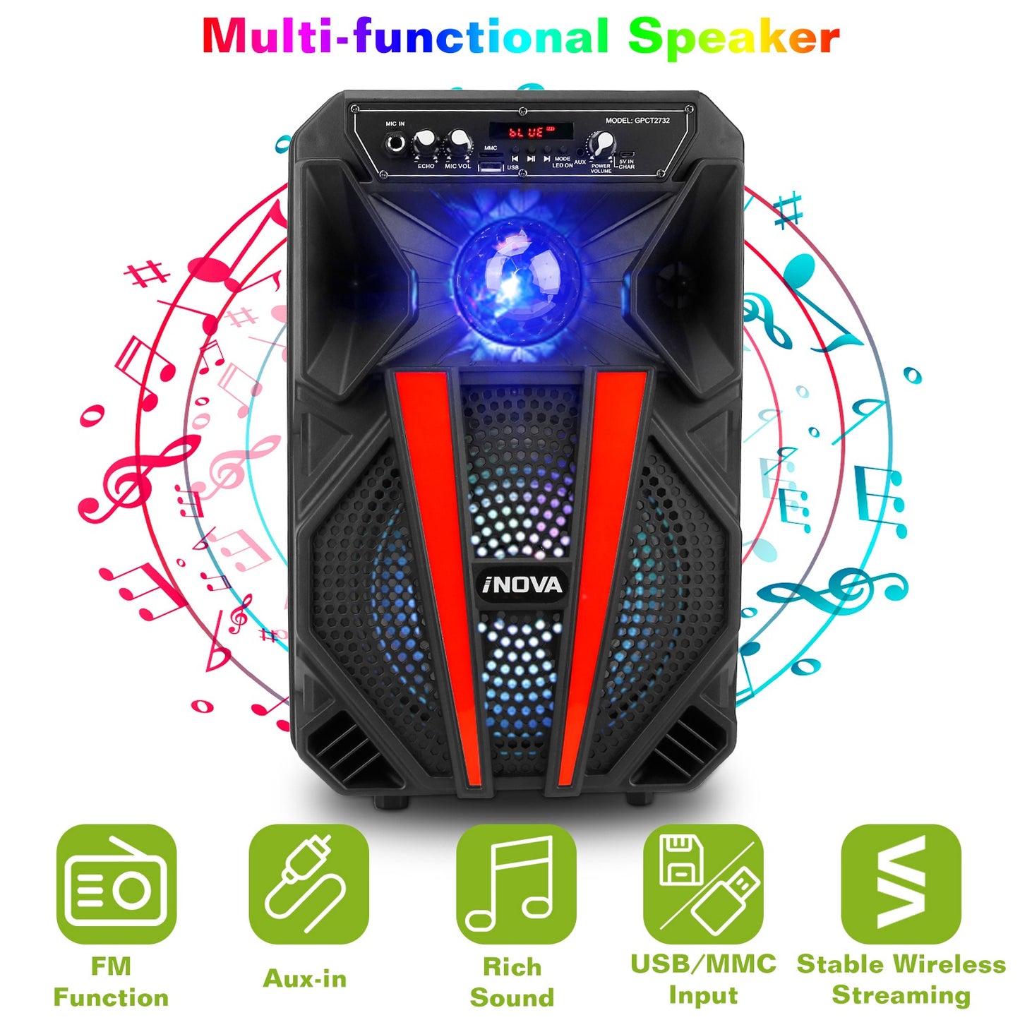 LJGelectro - 8” Wireless Party Speaker Subwoofer Bass Portable TWS Party Speaker w/ Microphone Support FM Radio Remote Control MMC Car Slot LED Colorful Lights