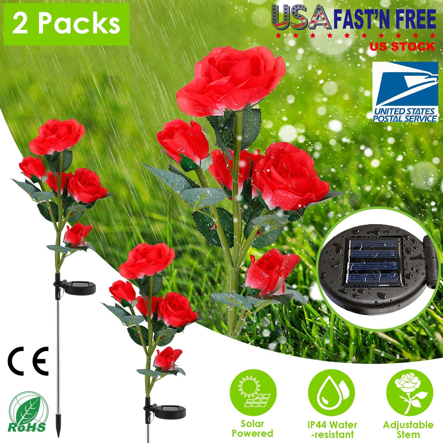 LJGelectro - 2Pcs Solar Powered Lights Outdoor Rose Flower LED Decorative Lamp Water Resistant Pathway Stake Lights For Garden Patio Yard Walkway