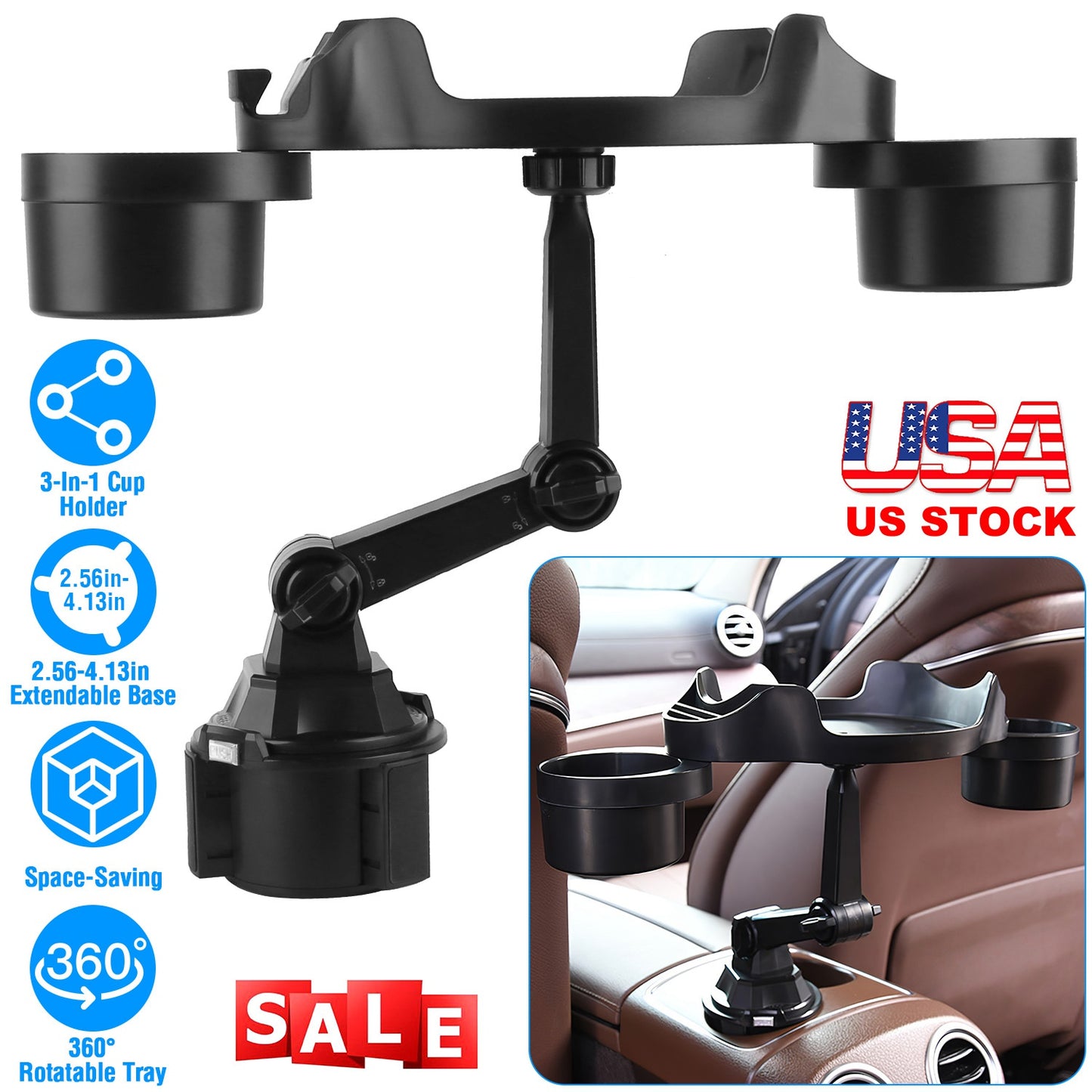 LJGelectro - Car Cup Holder Expander 360° Rotating Car Tray Bottle Holder Adapter Multifunctional Water Cup Mount Stand with Phone Slot