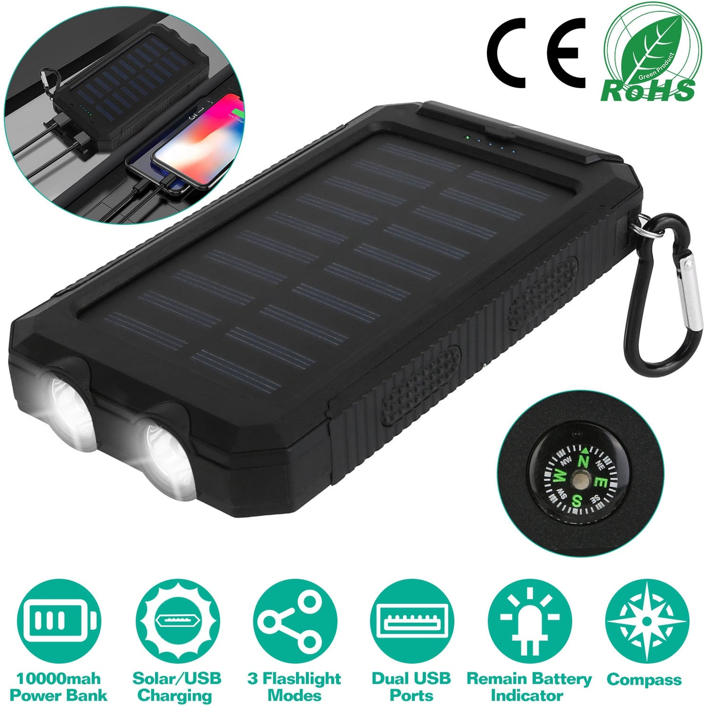 LJGelectro - 10000mAh Solar Power Bank External Battery Pack Dual USB Ports Outdoor Charger with Battery Indicators SOS LED Lights Compass Camping Hiking