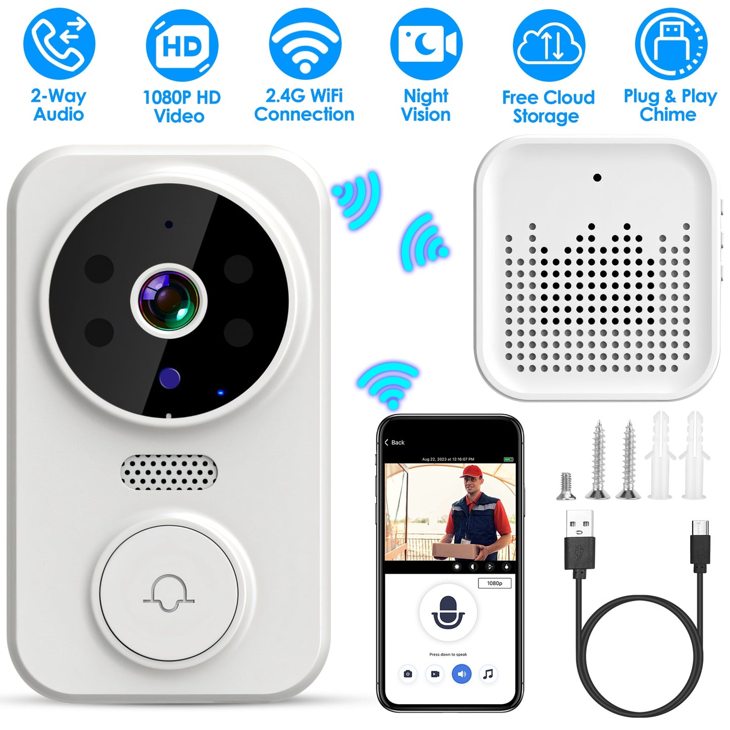 LJGelectro - WiFi Security Doorbell Camera with Volume Adjustable Wireless Chime 1080P Camera Night Vision 2-Way Audio Free Cloud Storage