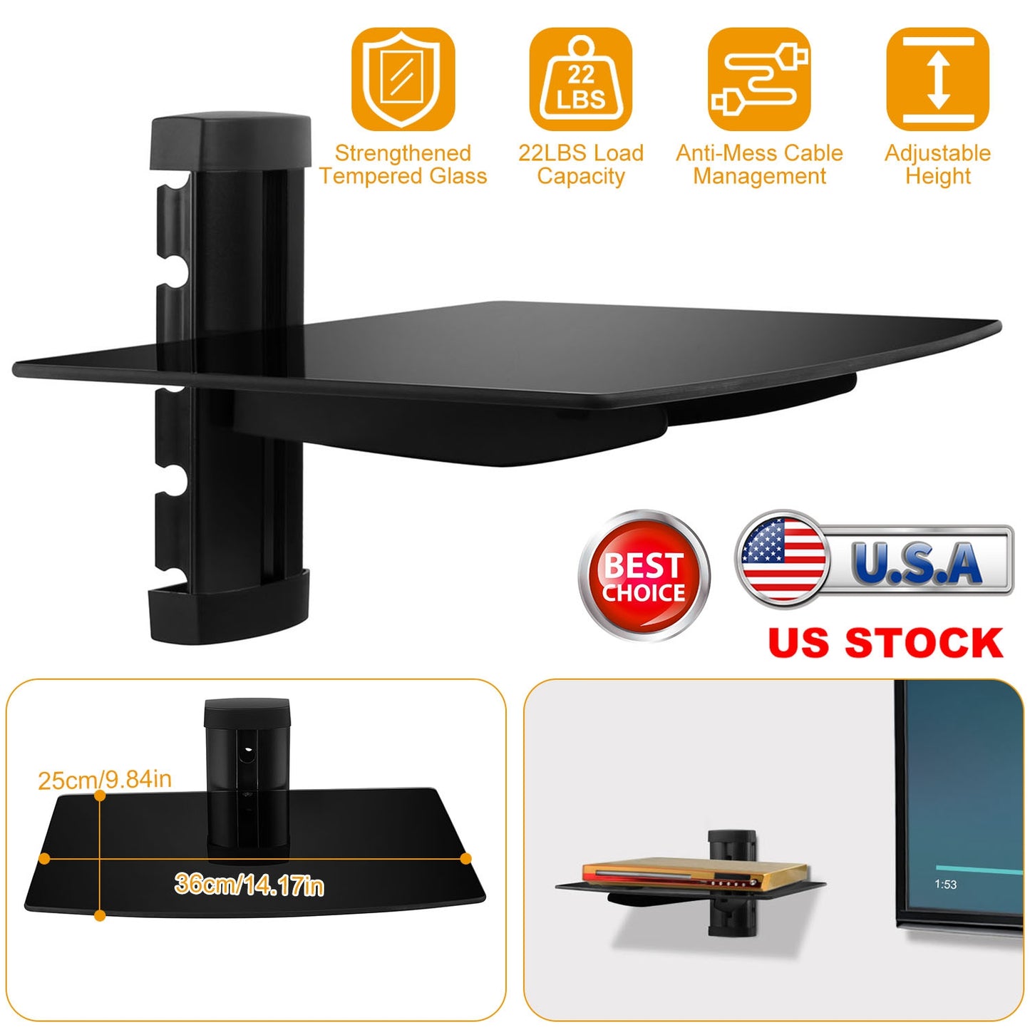 LJGelectro - Floating Wall Mounted Strengthened Tempered Glass Shelf for DVD Cable Boxes