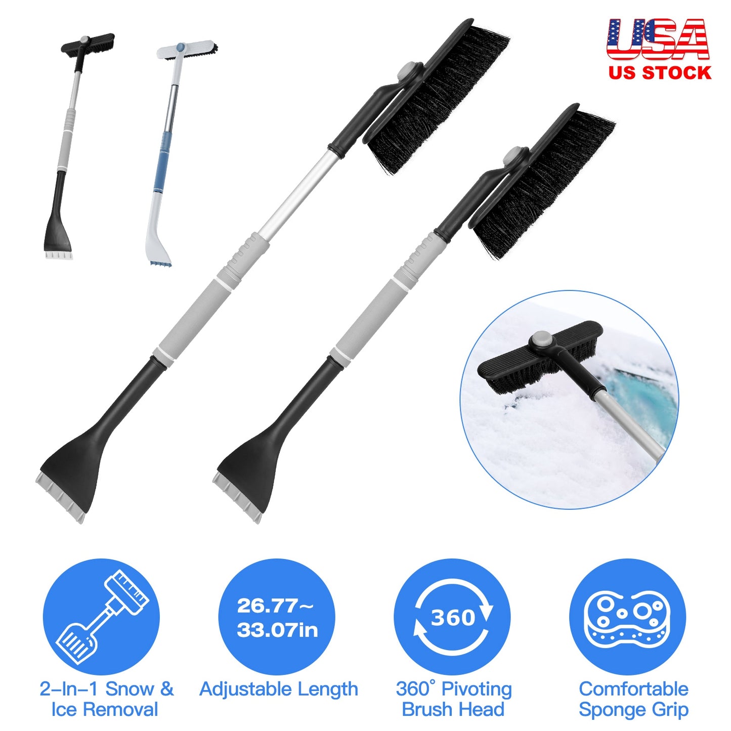 LJGelectro - 2 In 1 Ice Scraper Extendable Car Snow Brush Telescopic Snow Removal Tool Automobile Snow Shovel Frost Removal with 360° Pivoting Brush Head Sponge Gr