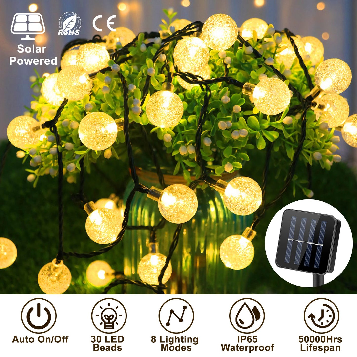 LJGelectro - Globe String Solar Lights 30 Ball LED Fairy Solar Lamps 8 Lighting Modes IP65 Waterproof Decorative Lights w/ Stake Garden Lawn Flower Trees Patio Gar