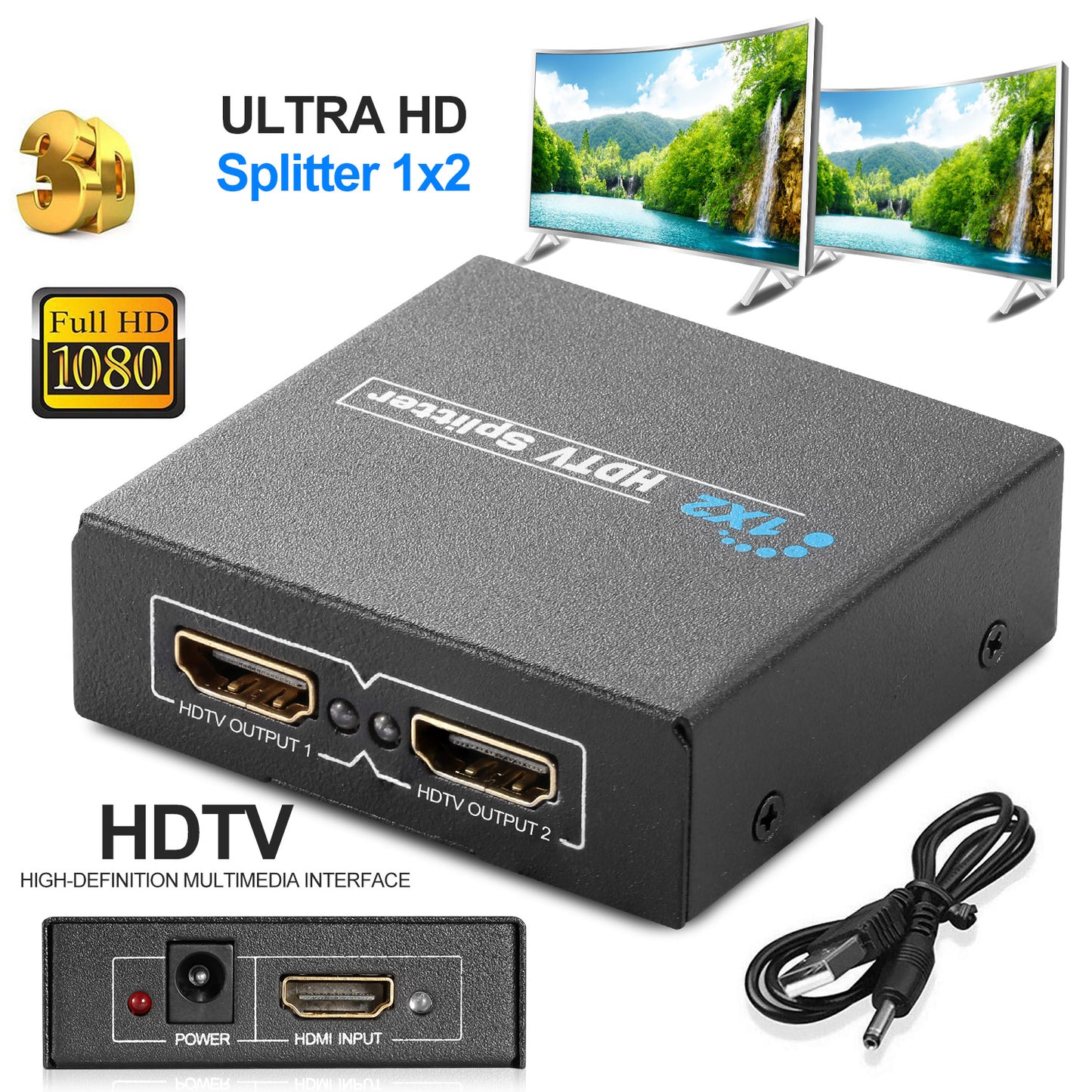 LJGelectro - Full HD1080P HDTV Splitter Amplifier 1 HD-in 2 HD-out Switcher Adapter 3D US Plug for HDTV DVD DVR STB