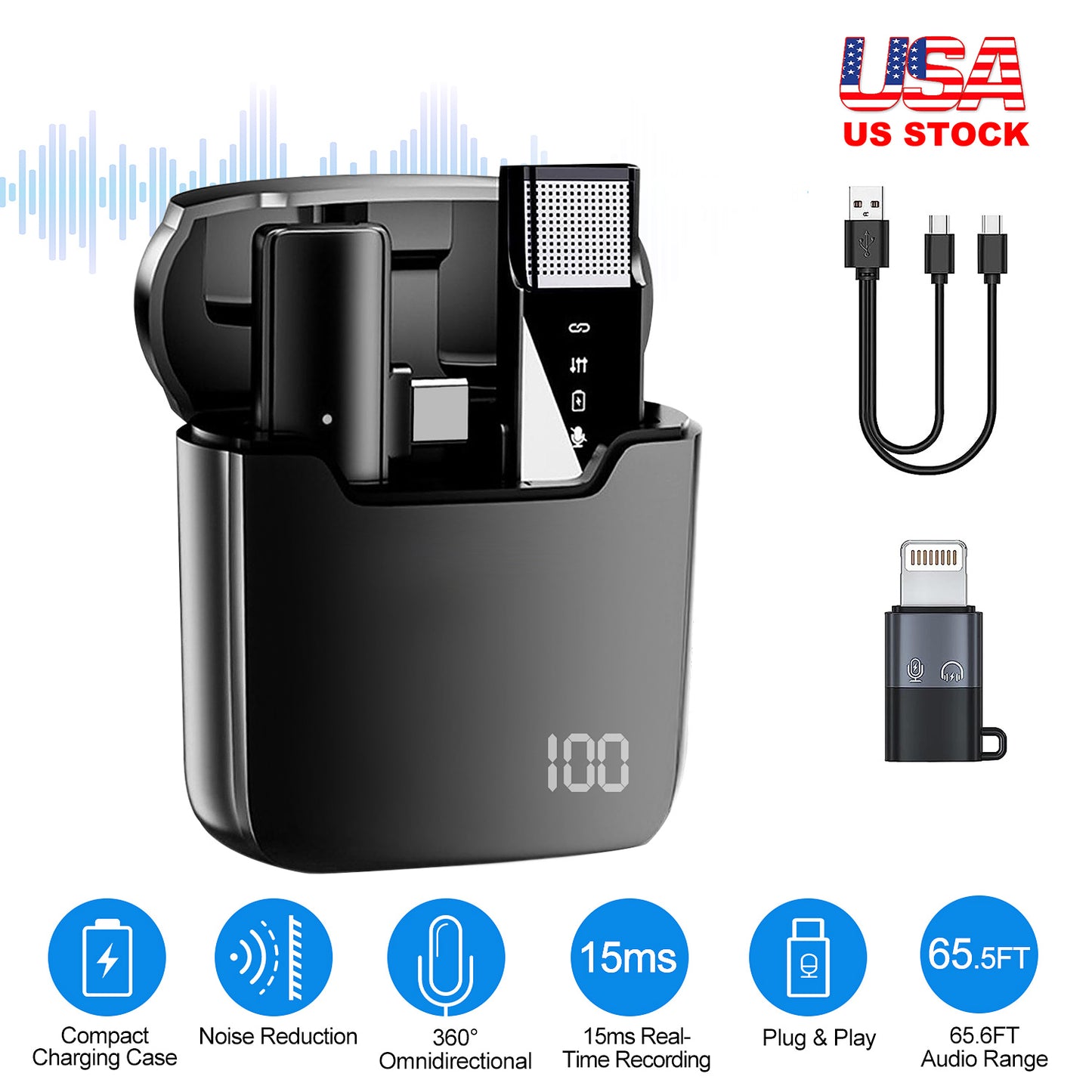 LJGelectro - Wireless Clip On Microphone with Charging Case Omnidirectional Mic Noise Reduction Plug and Play 65.6FT Transmission Type-C IOS Video Record Interview