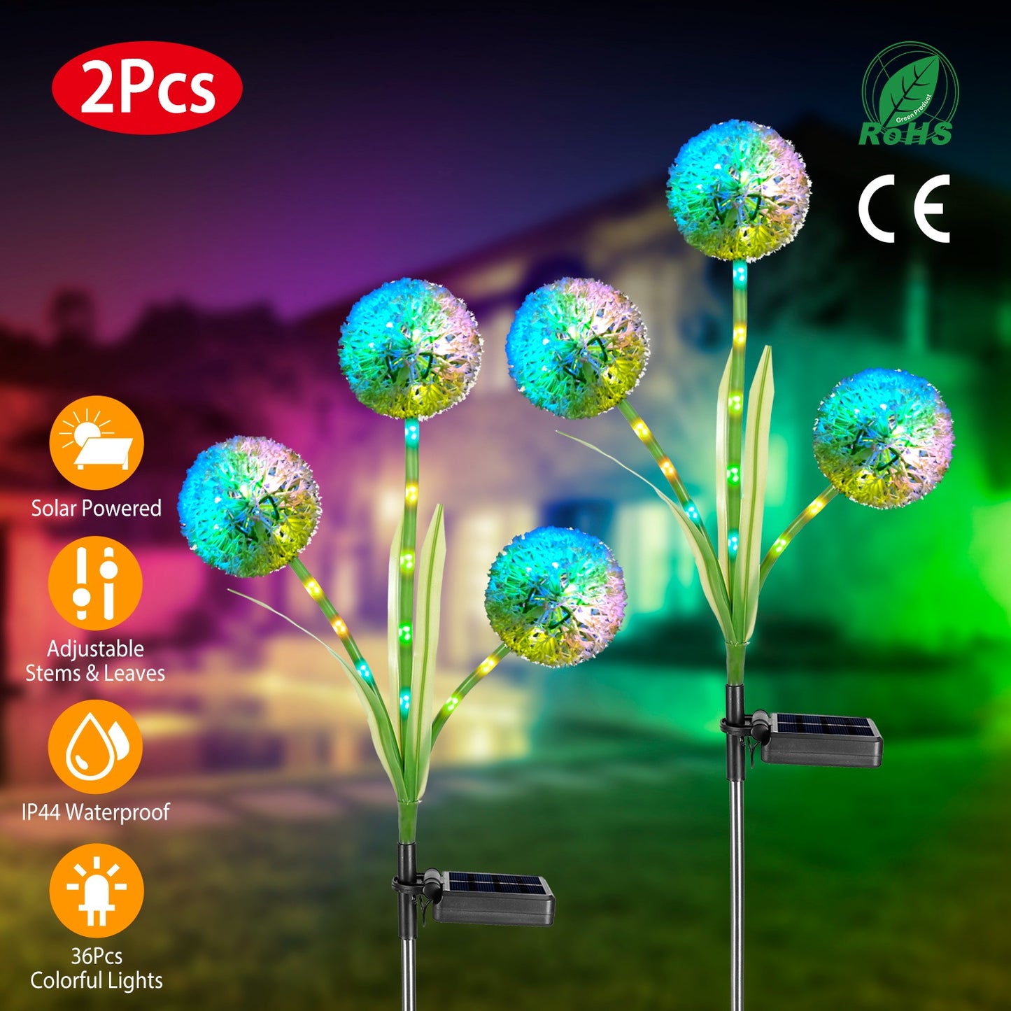 LJGelectro - 2 Pcs Dandelion Solar Light 36LED Beads Outdoor Garden Lawn Pathway Landscape Stake Lamp Colorful Ornamental Light